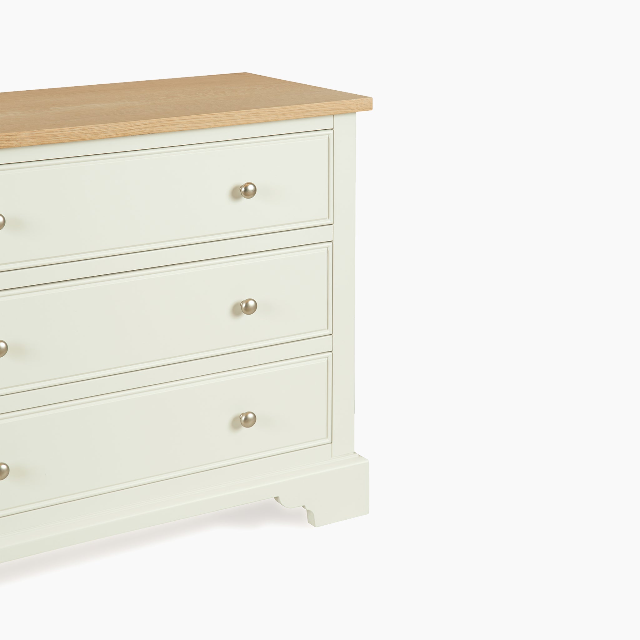 Amberley 3 Chest of Drawers in Warm White: Features three spacious drawers and a light wood top, perfect for compact bedroom storage. Shown against a plain background.