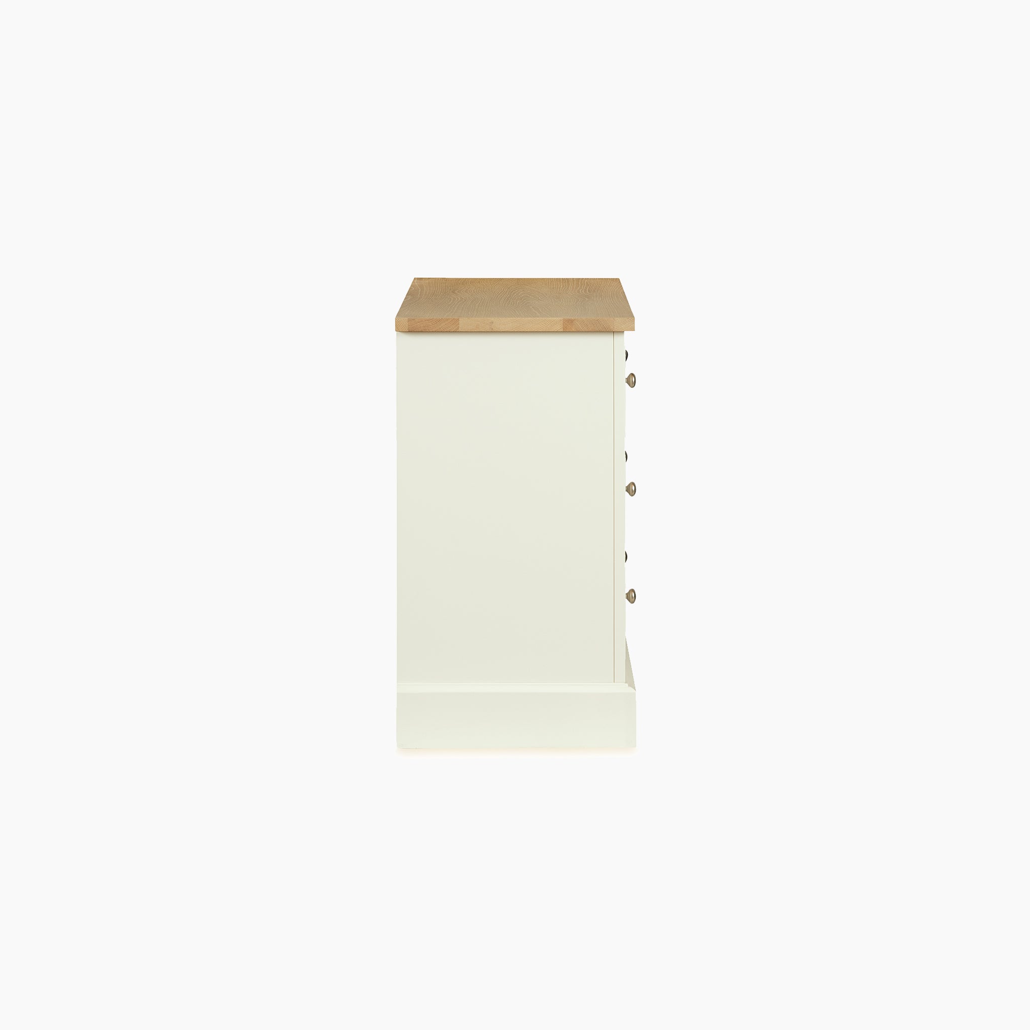 Side view of the Amberley 3 Chest of Drawers in Warm White, featuring a light brown top—perfect for compact bedroom storage. Shown against a plain white background.