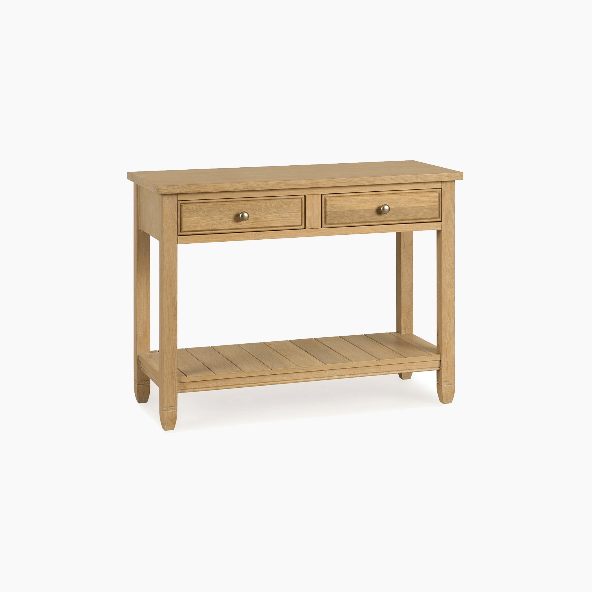 Amberley 2 Drawers Console Table in Light Oak features a lower shelf and four legs, ideal for hallways, shown against a plain white background.
