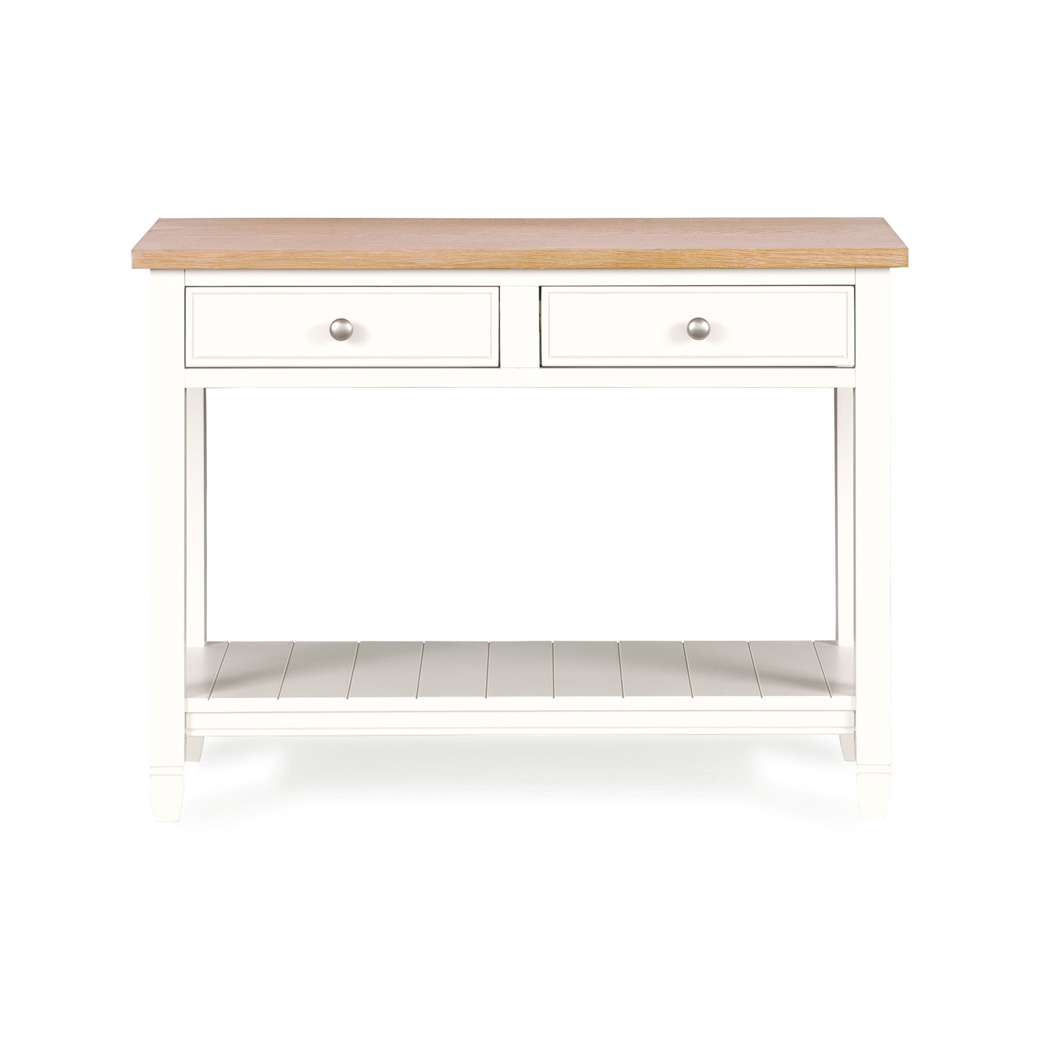 The Amberley 2 Drawers Console Table in Warm White features a farmhouse-inspired design with two drawers, a light wood top, and a lower shelf—ideal for bringing charm and function to any room.