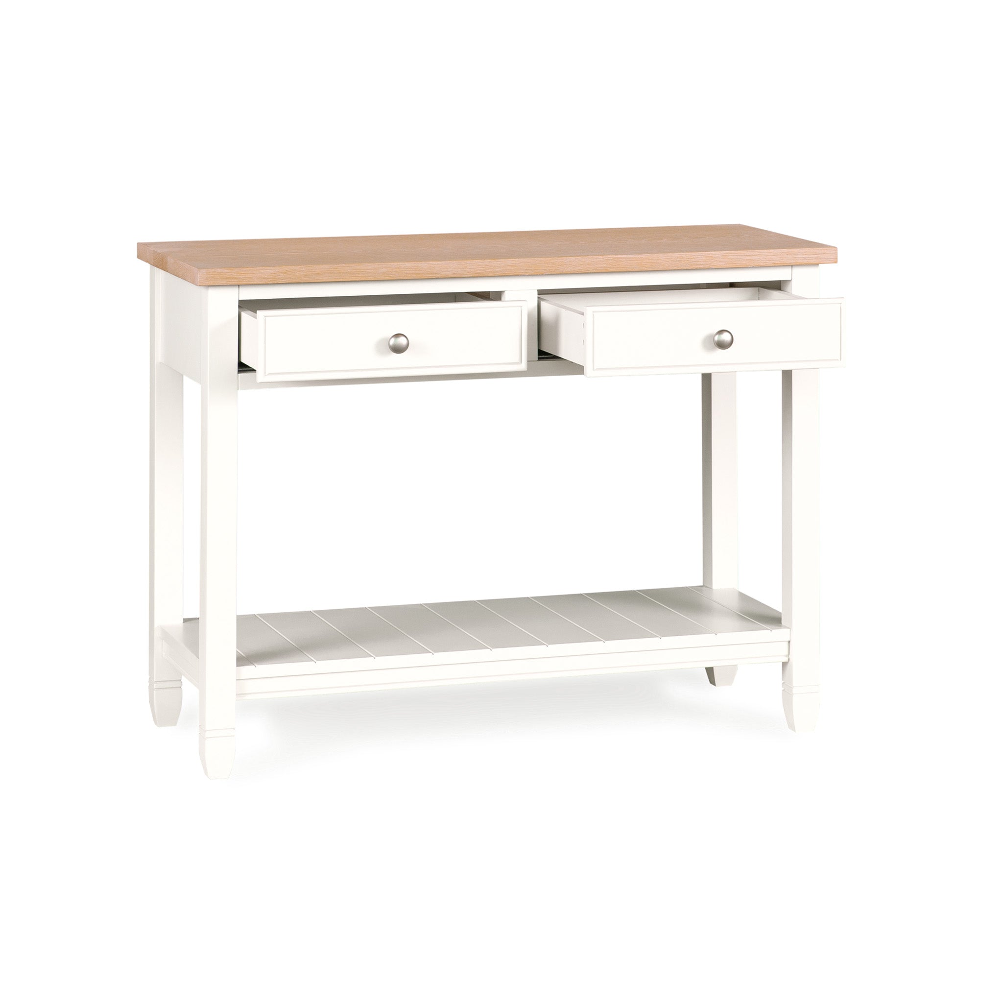 Amberley 2 Drawers Console Table in Warm White features two drawers, a lower shelf, and a light oak top, perfect for adding farmhouse charm to any space.