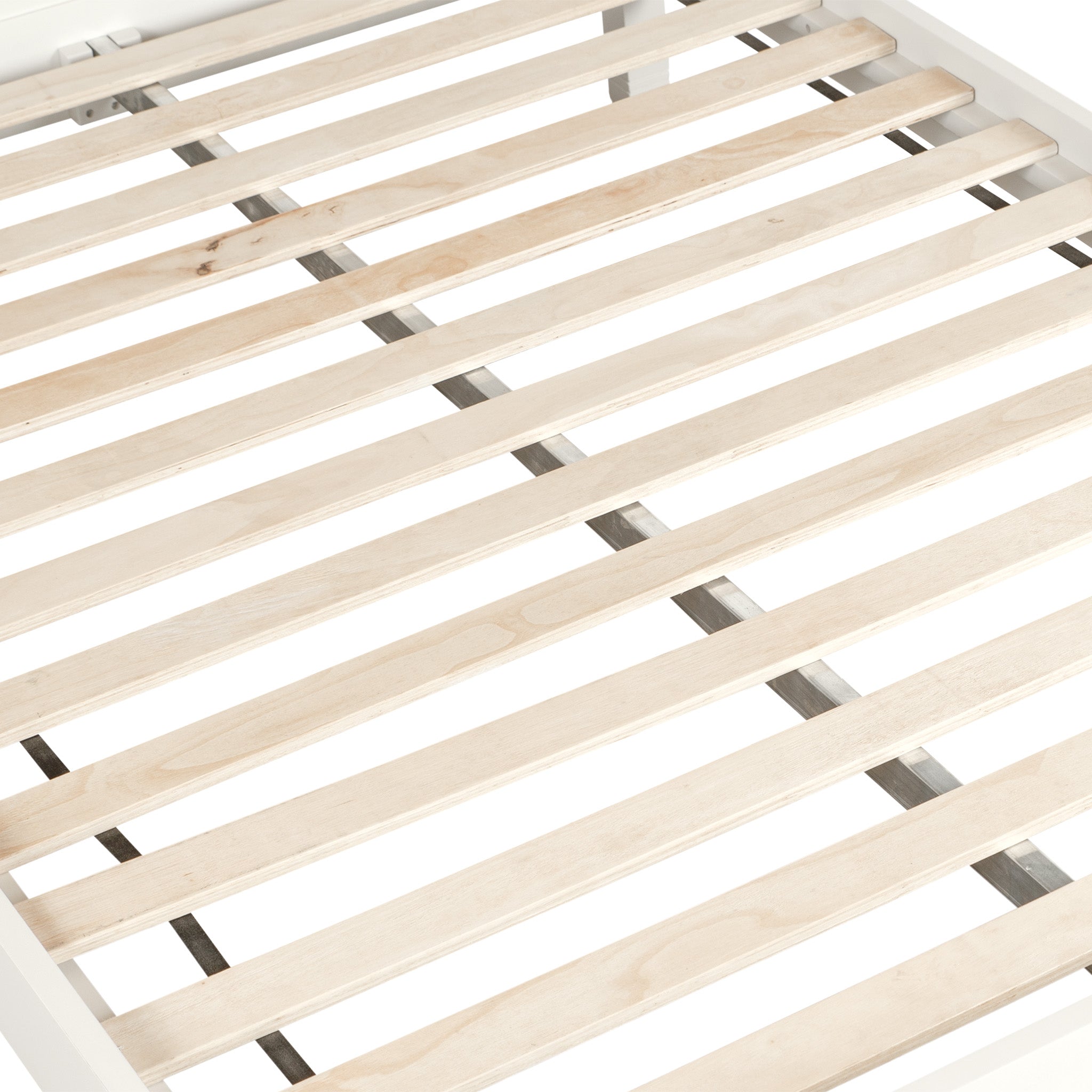 Close-up of the Amberley 4ft 6" Double Bed Frame in Warm White, featuring evenly spaced light wood slats—ideal for pairing with underbed storage on a white background.