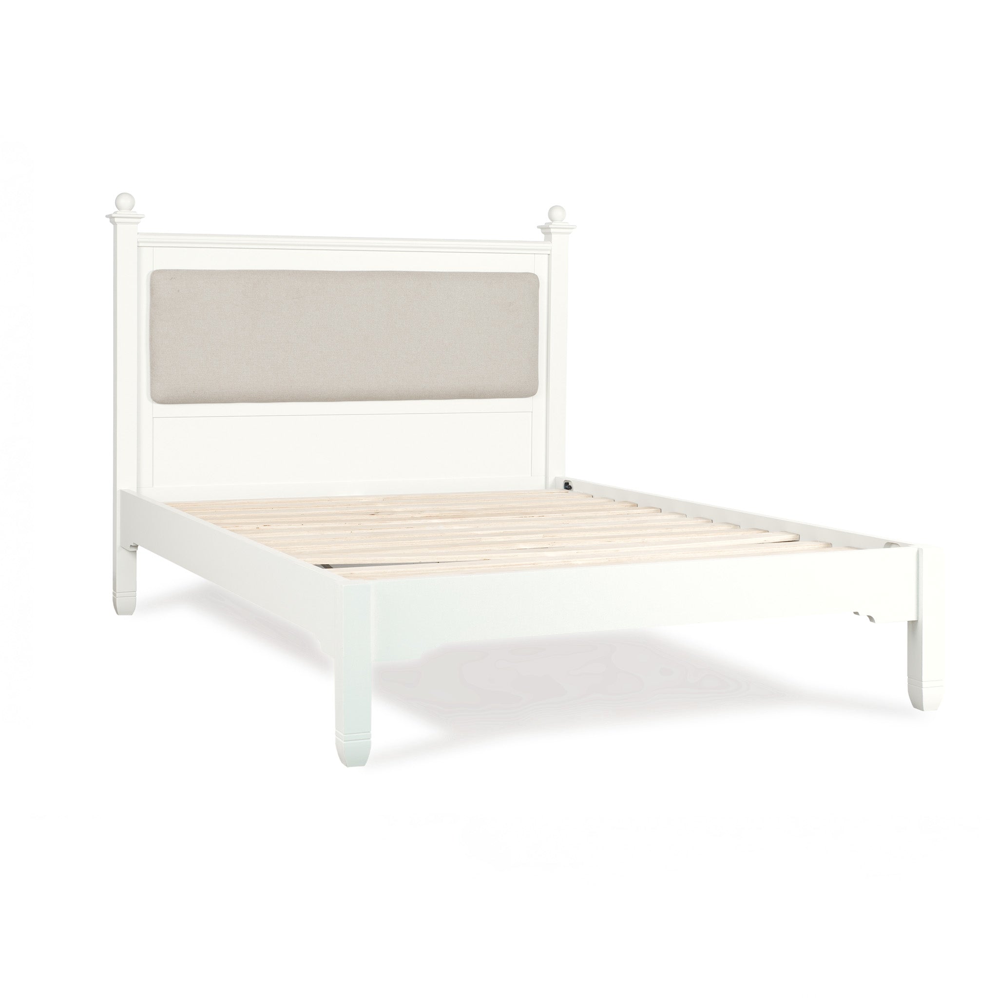 Amberley 4ft 6" Double Bed Frame in Warm White features a white wooden design and beige upholstered headboard, shown without mattress—ideal for adding underbed storage to your bedroom.