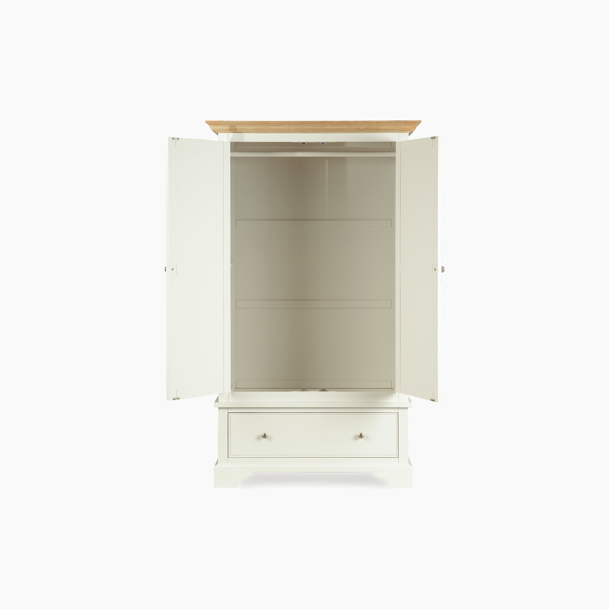 The Amberley Double Wardrobe in Warm White offers two doors, interior shelving, and a roomy bottom drawer for stylish bedroom storage.