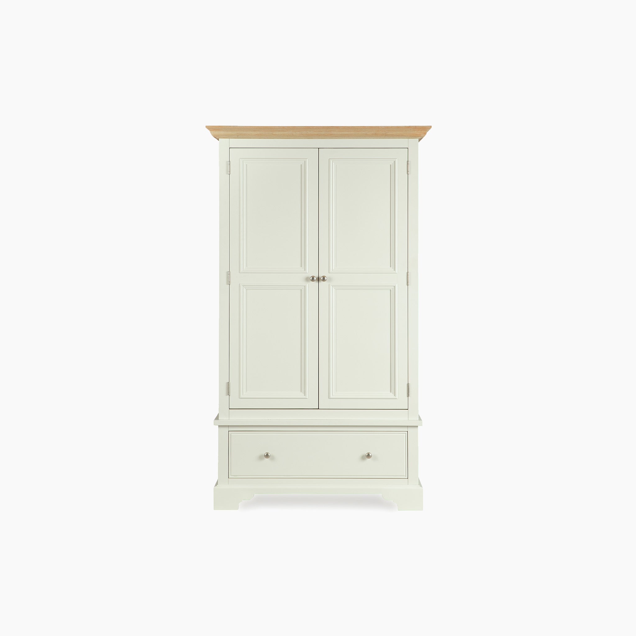 The Amberley Double Wardrobe in Warm White offers two doors, a wooden top, and a roomy bottom drawer—ideal for adding stylish storage to your bedroom.