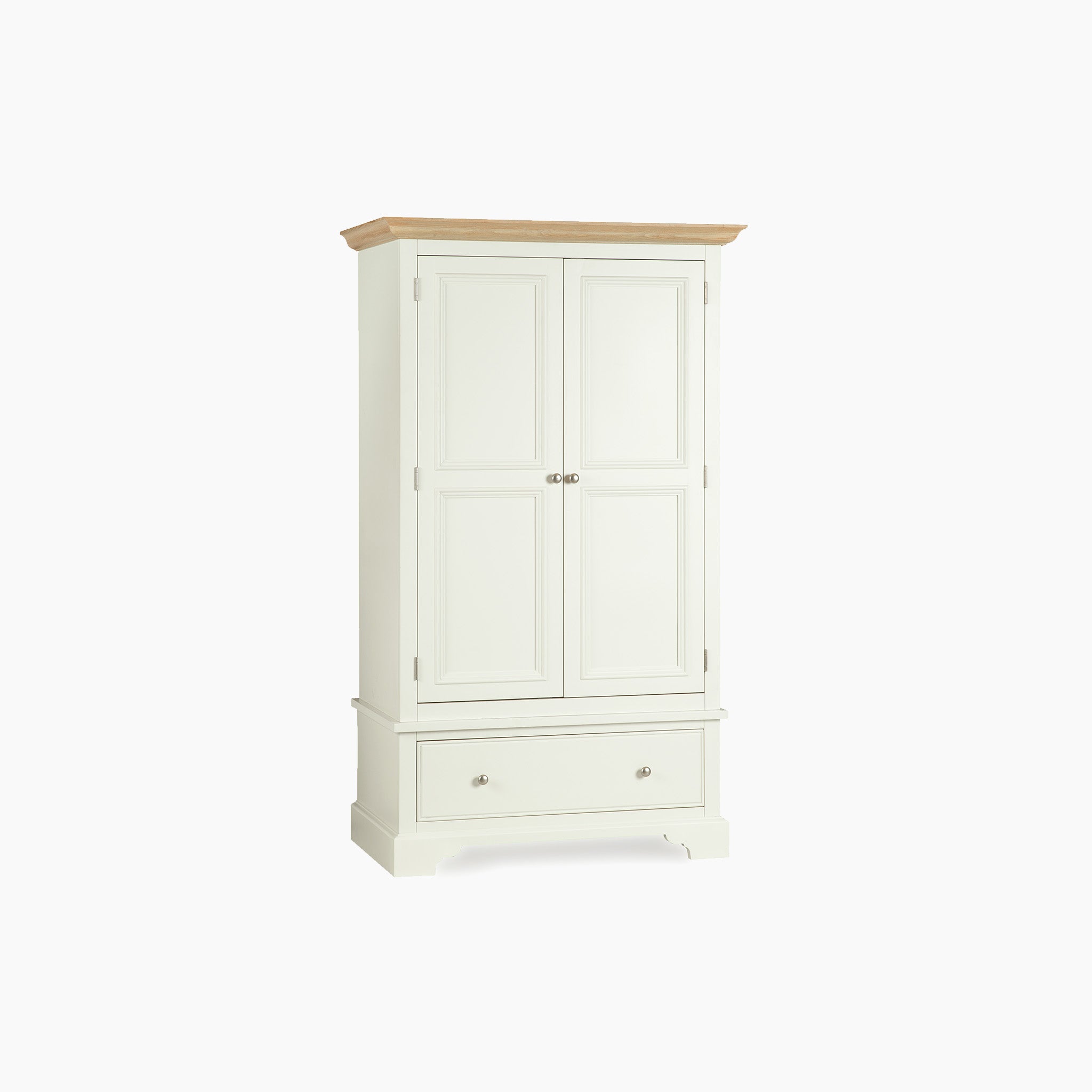 Amberley Double Wardrobe in Warm White: This wardrobe features two doors, a lower drawer, and a light wood top—ideal bedroom storage with a stylish finish.