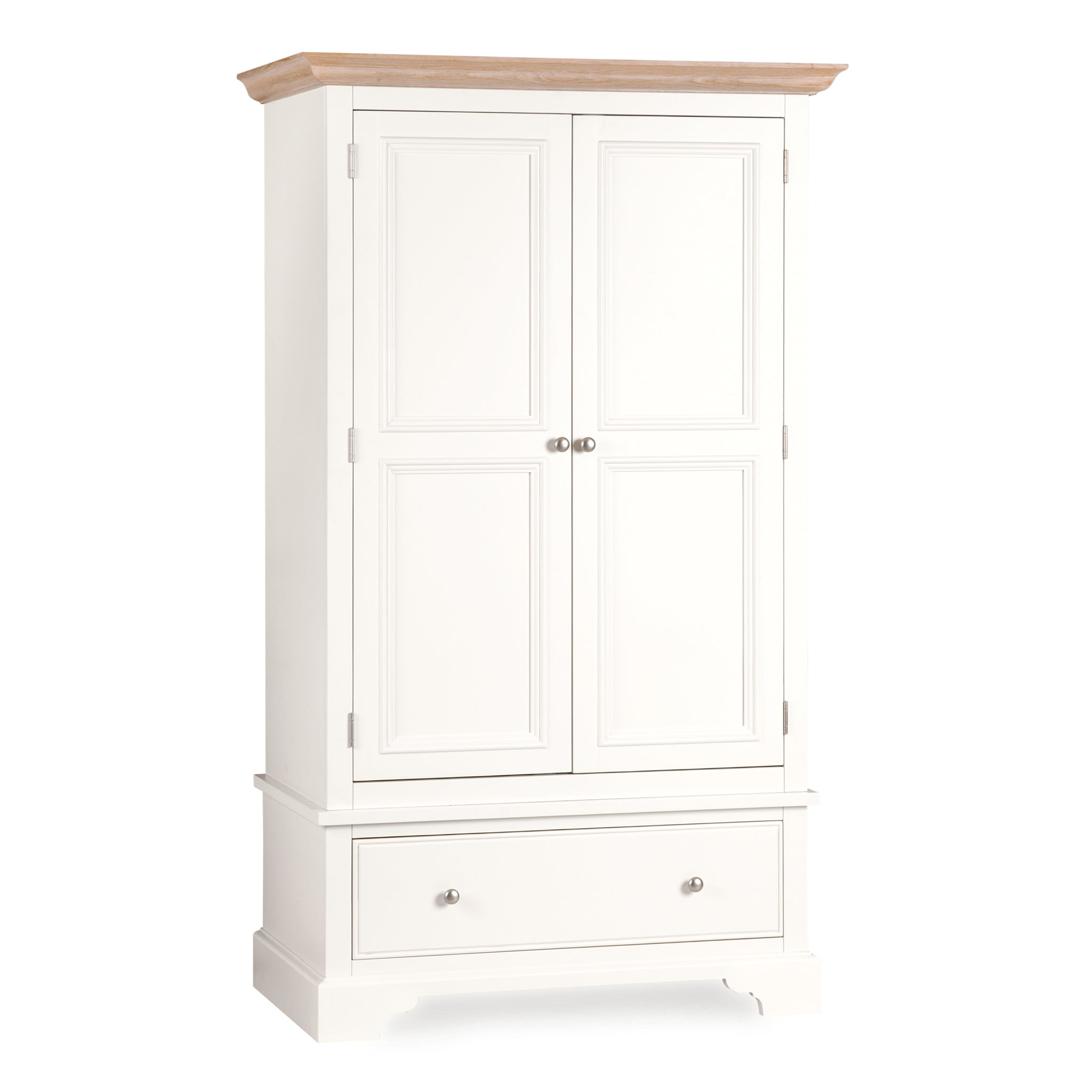 The Amberley Double Wardrobe in Warm White has two doors, a roomy bottom drawer, and a natural oak top.