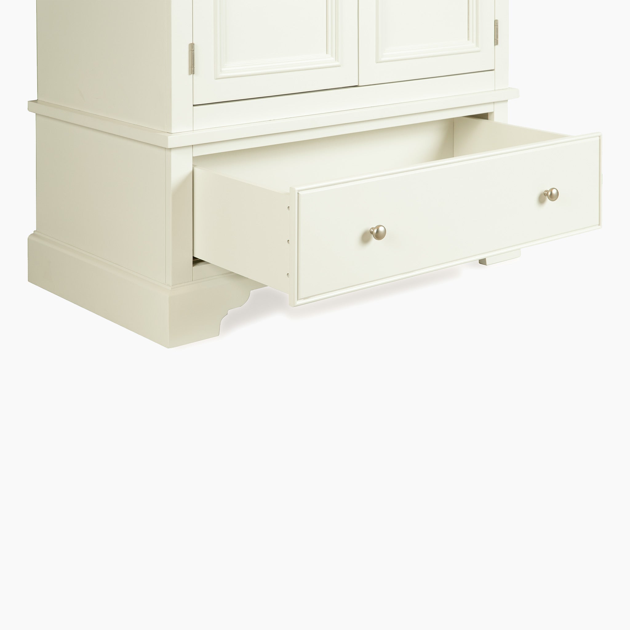 Amberley Double Wardrobe in Warm White: a stylish white wooden cabinet with an open bottom drawer, two round silver knobs, and generous bedroom storage.