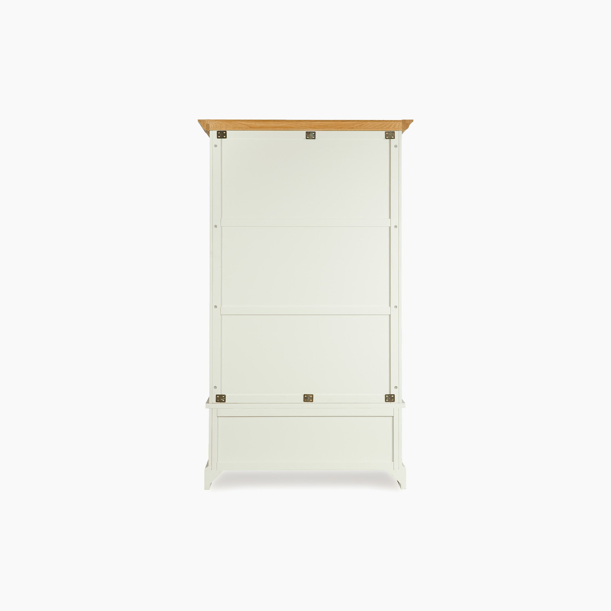 The Amberley Double Wardrobe in Warm White features a white wooden body with a light brown top, shown from the back against a plain background—ideal for bedroom storage or complementing your Warm White wardrobe collection.