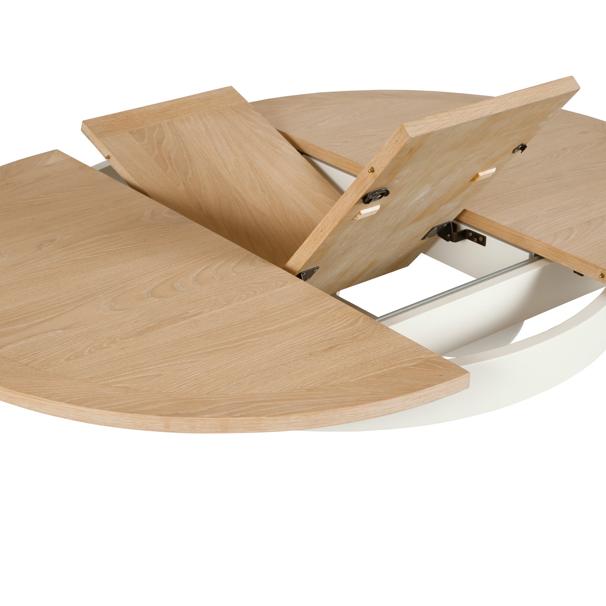 The Amberley 4-6 Seater Round Extending Dining Table in Warm White features a central leaf extension mechanism, partially opened, and is crafted for a timeless look.