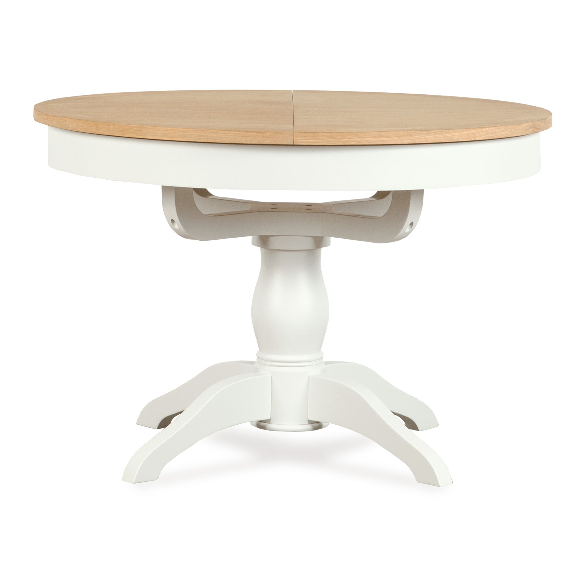 Amberley 4-6 Seater Round Extending Dining Table features a light brown wooden top and warm white pedestal base, displayed against a white background.