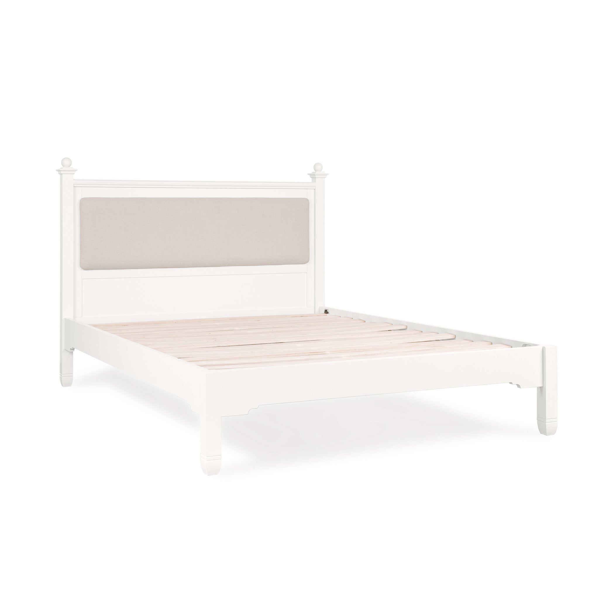 Amberley 5ft Kingsize Bed Frame in Warm White with a beige upholstered headboard, displayed without a mattress.