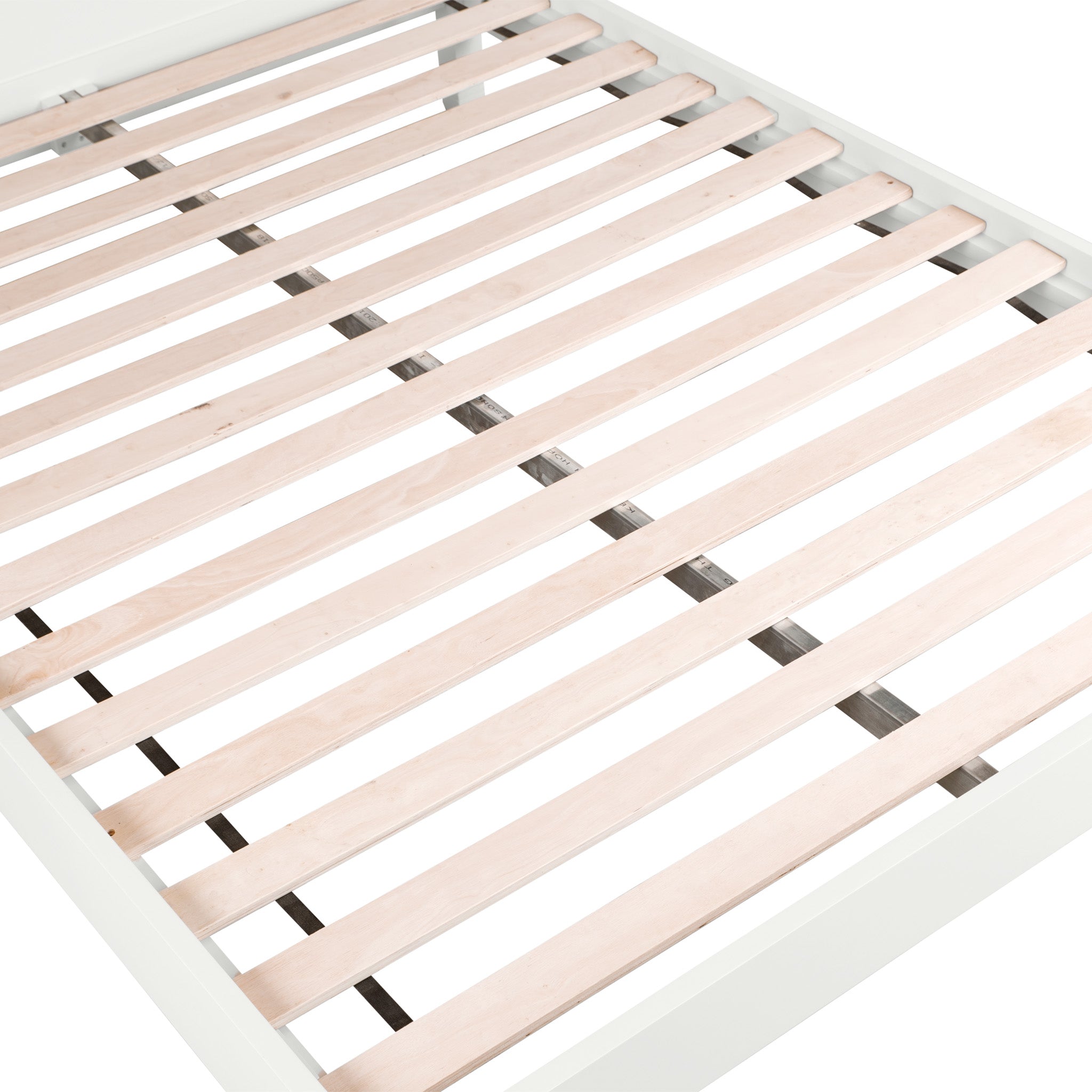 Amberley 5ft Kingsize Bed Frame in Warm White, viewed from above, features a white metal border and evenly spaced wooden slats.