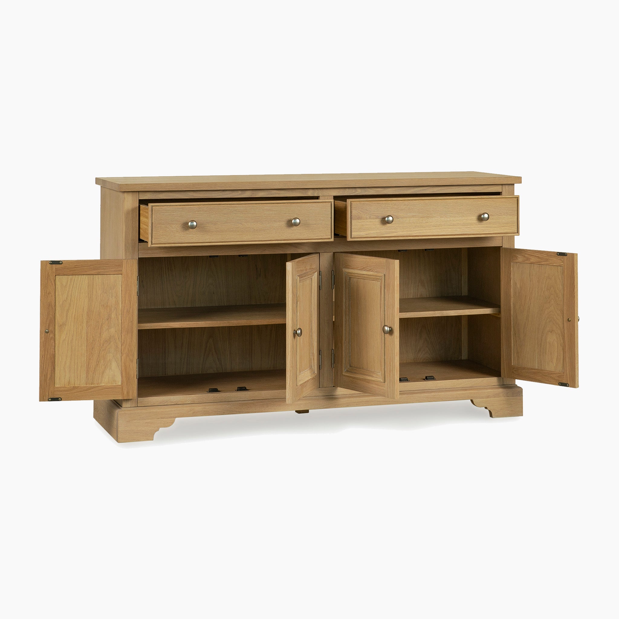 The Amberley Large 4 Door 2 Drawers Sideboard in Light Oak features two drawers and four doors that open to reveal inner shelves, shown against a plain white background.