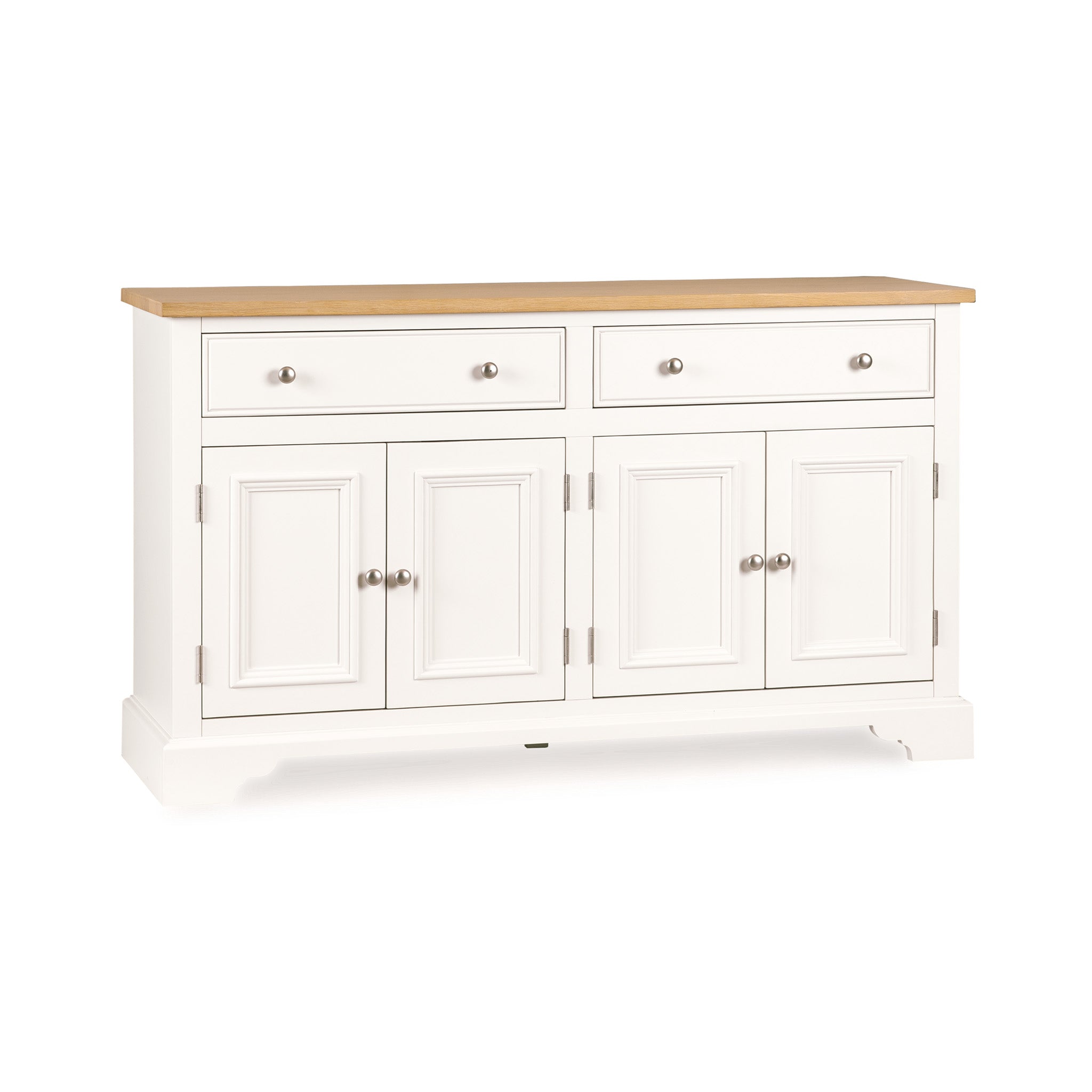 The Amberley Large 4 Door 2 Drawers Sideboard in Warm White features a wood top and ample storage, combining style and functionality for any room.