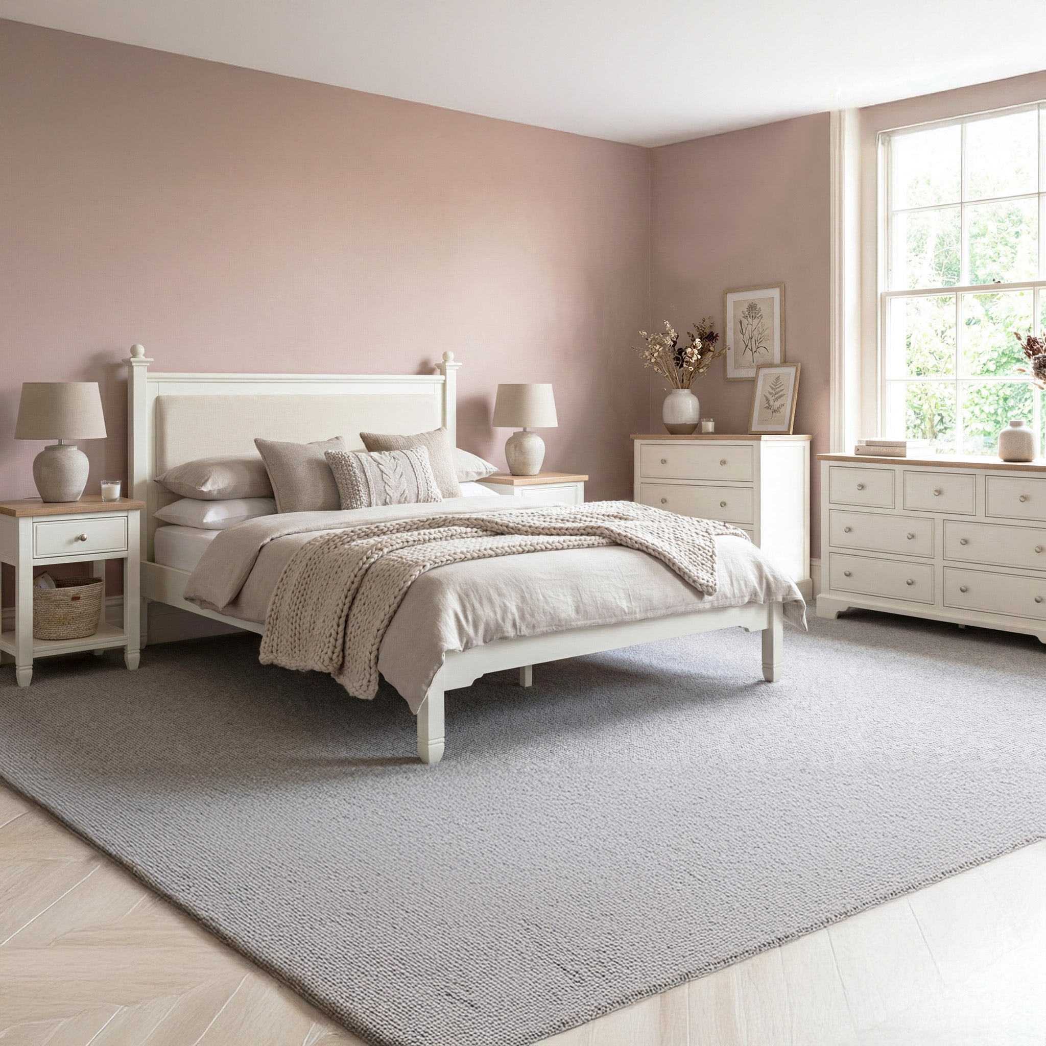 Cozy bedroom featuring the Amberley 5ft Kingsize Bed Frame in Warm White with an upholstered headboard, complemented by light furniture, soft pink walls, and a large window for natural light.