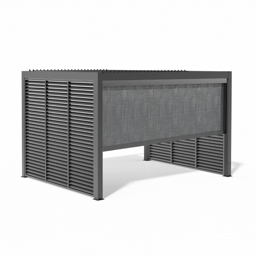 Abierto Motorised 3m x 4m Grey Pergola with retractable roof, LED lighting, and frame only, perfect for enhancing your outdoor space. Includes installation and delivery. Shown on a white background.