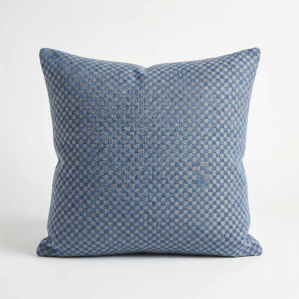 The Agora Senda Blue Medium Scatter Cushion (45cm x 45cm) features a subtle checkered pattern on solution-dyed acrylic, offering durable style for outdoor settings. Shown on a plain white background.