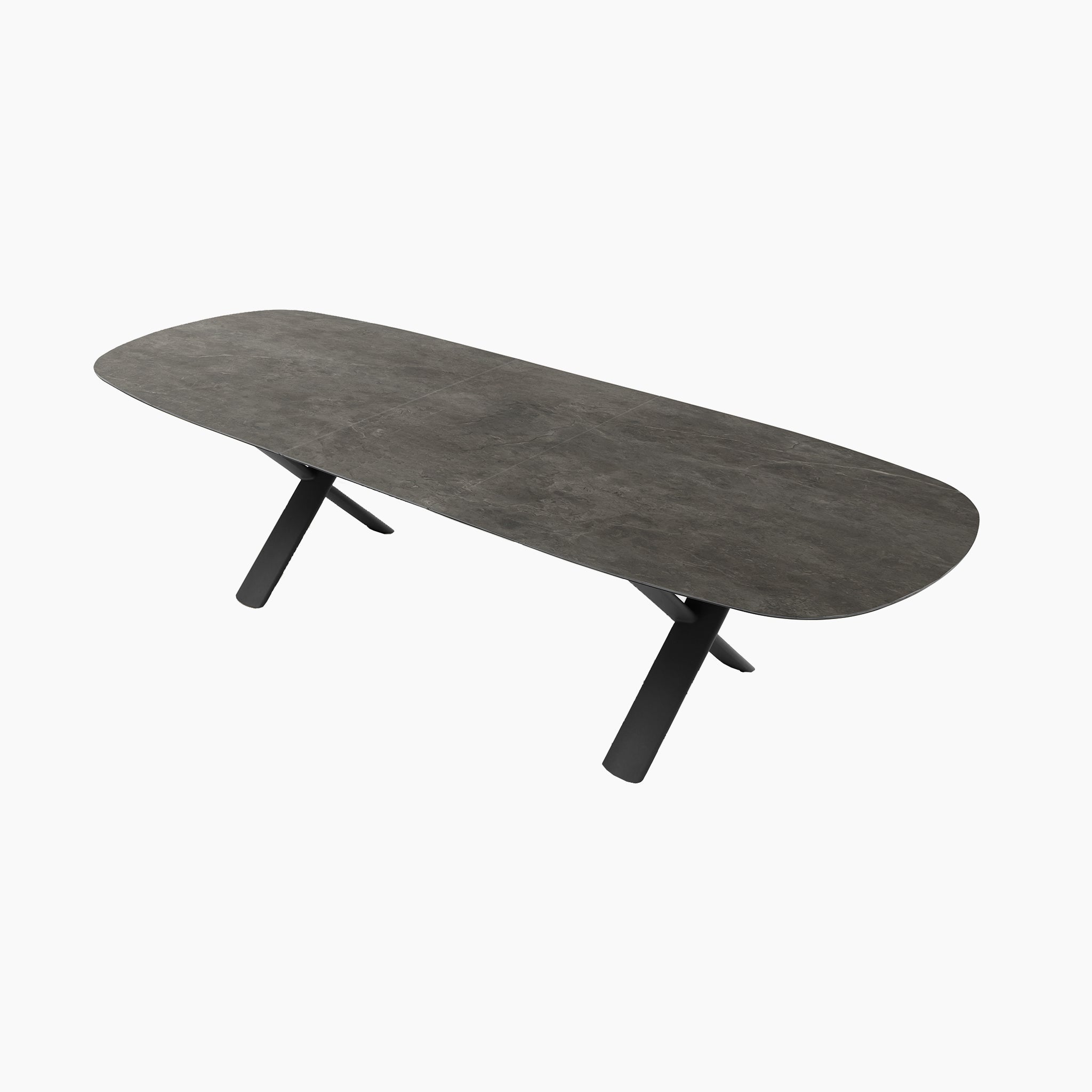 The Albatross 8 Seat Oval Dining Table in Charcoal features a sleek sintered stone top and angled black legs, presented on a white background.