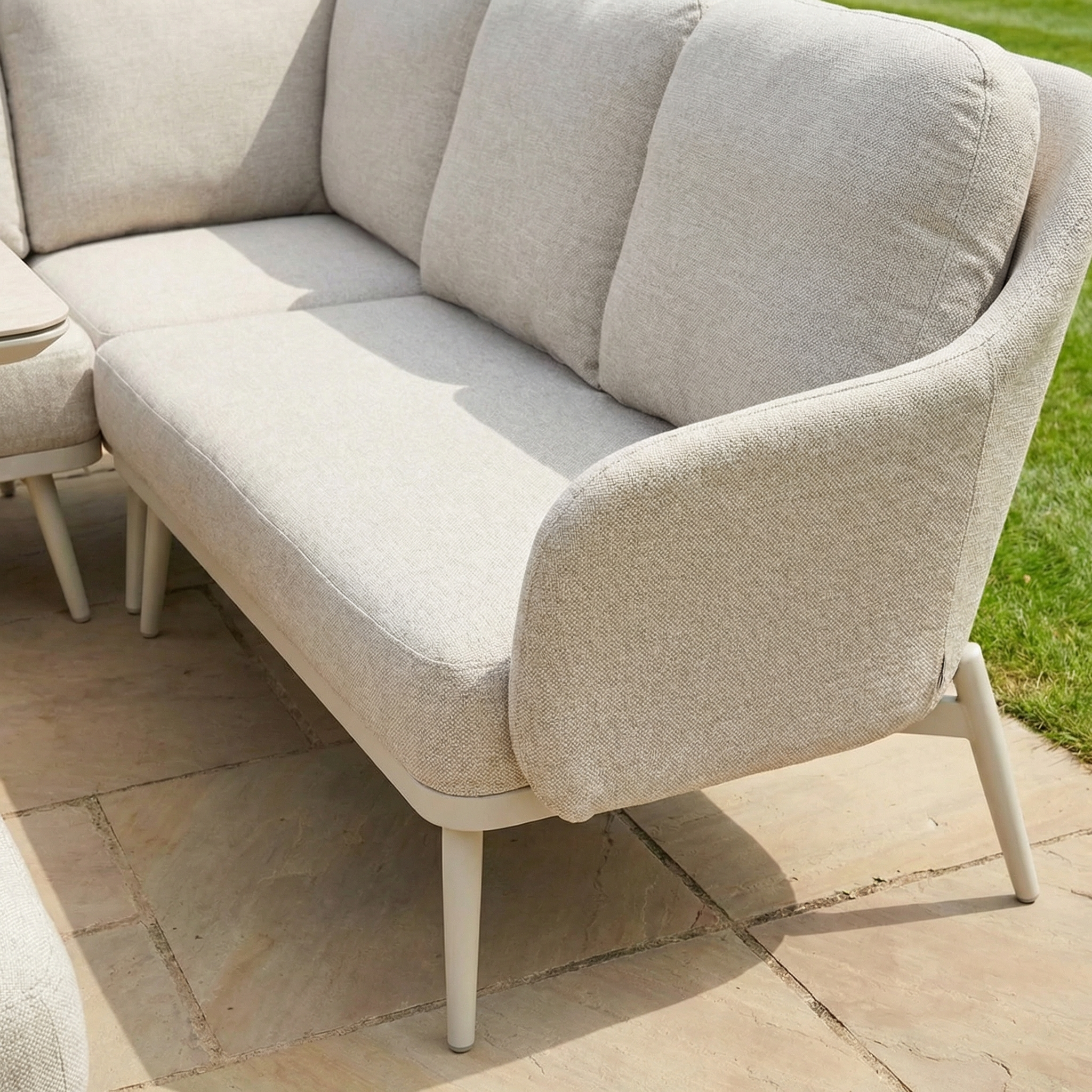 Fawn Alva Corner Dining Set with Rising Table and Armchair—cushioned seating ideal for relaxing outdoors, perfect garden furniture for your patio or lawn.