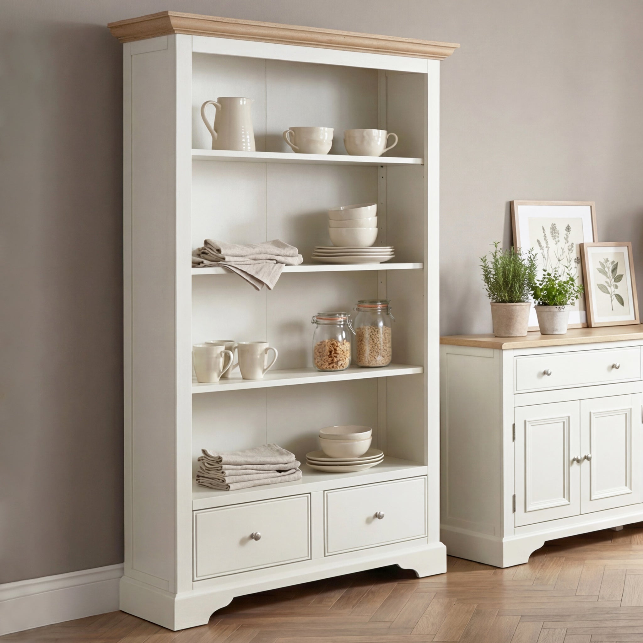 The Amberley Large Bookcase in Warm White displays dishes, jars, and linens next to a sideboard decorated with framed prints and lush plants.