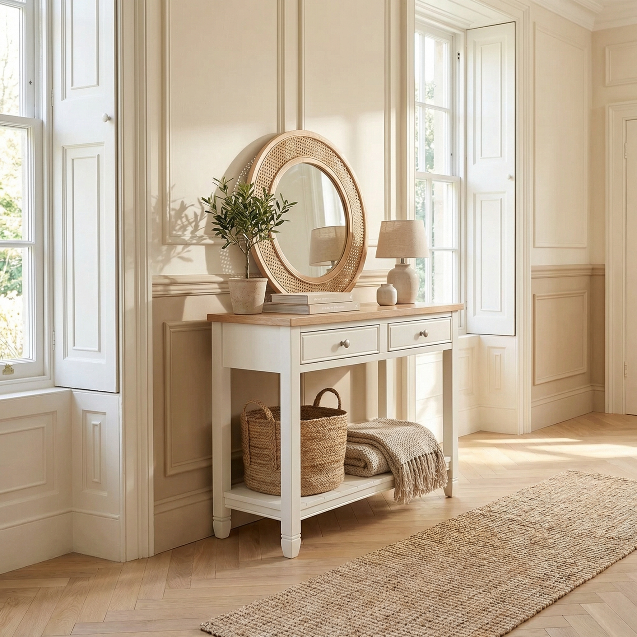 The Amberley 2 Drawers Console Table in Warm White is styled with baskets, décor, and a round mirror in a bright room with wood floors.