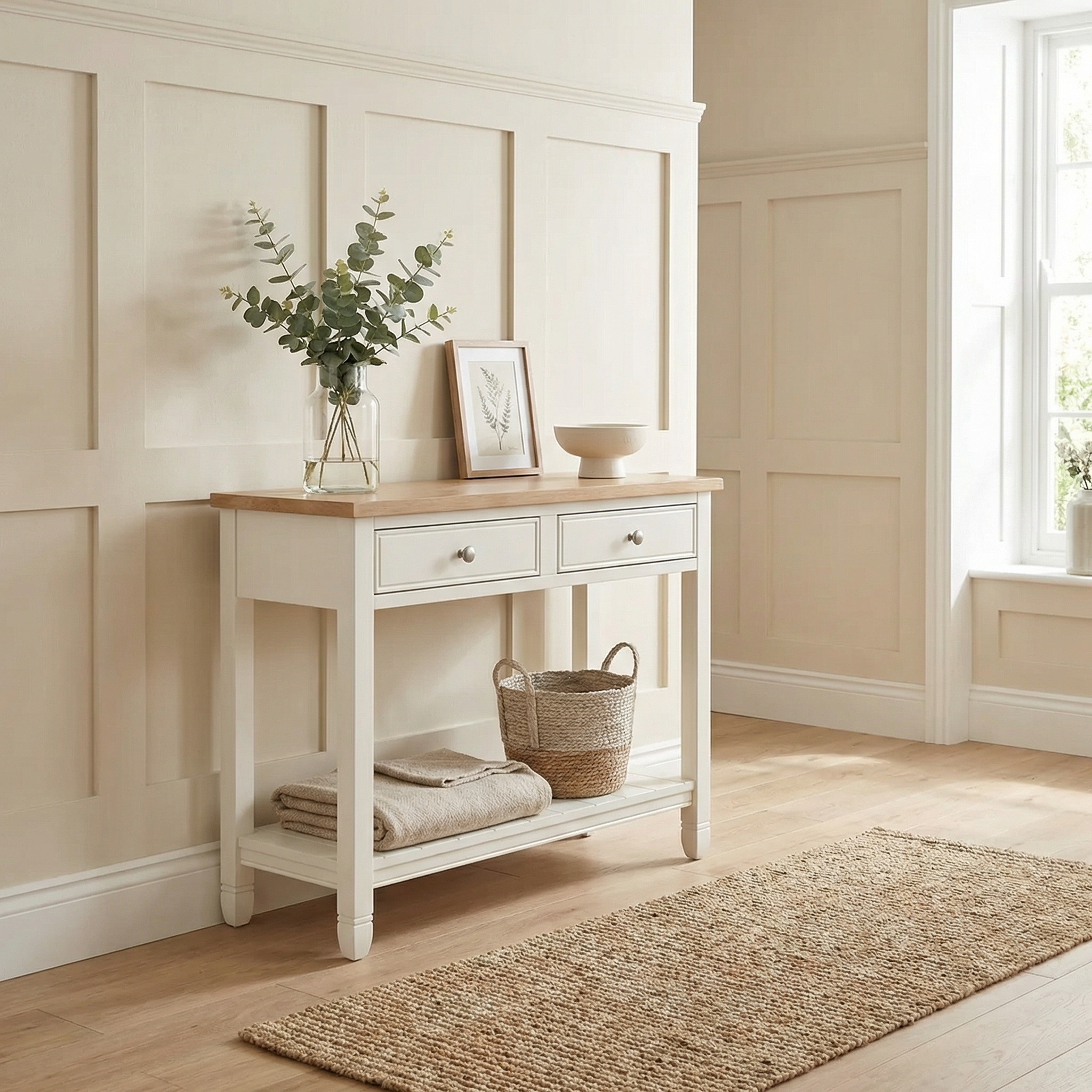 The Amberley 2 Drawers Console Table in Warm White stands in a bright, beige-paneled hallway, decorated with accents and a basket, creating a farmhouse-inspired look.
