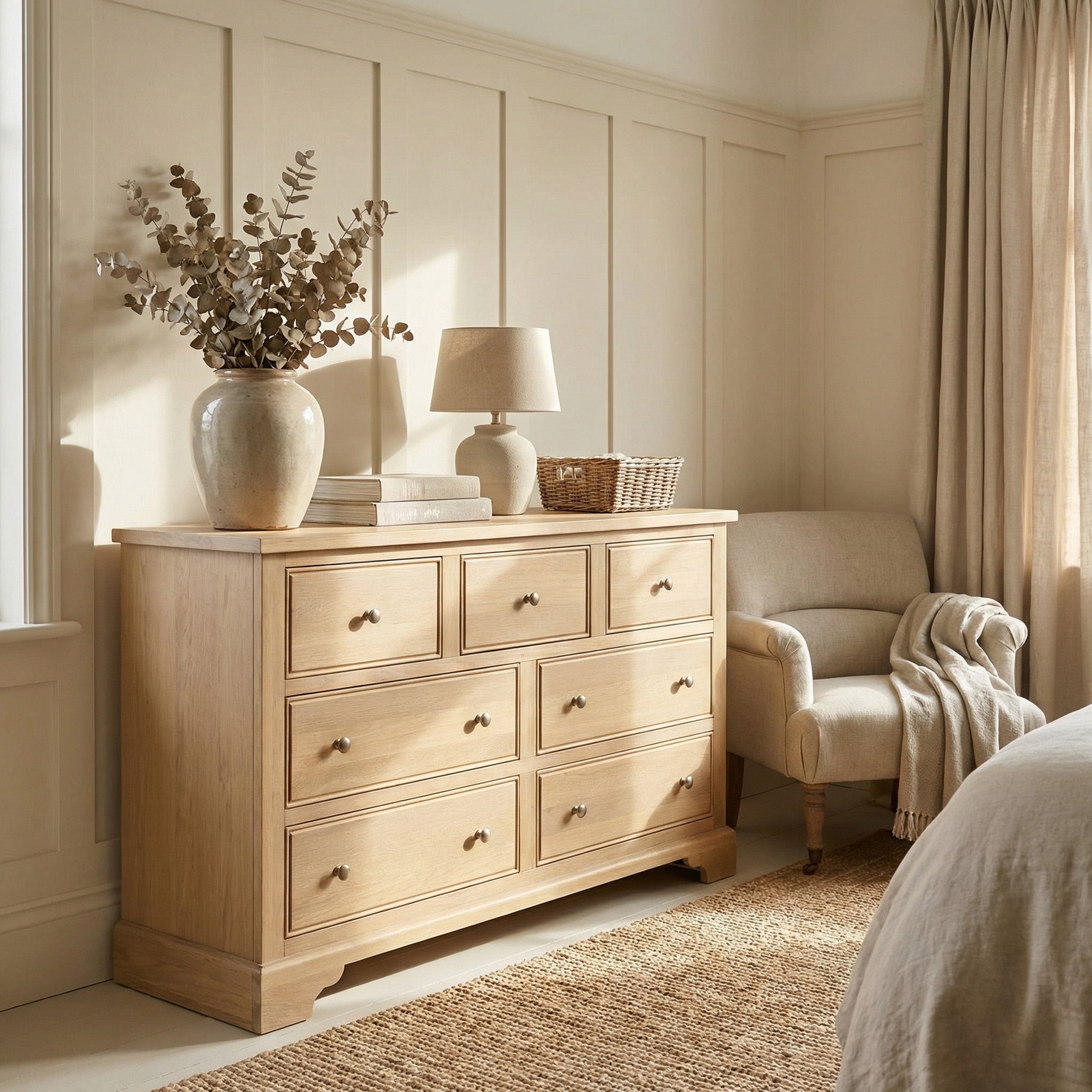 The Amberley 3 Over 4 Chest of Drawers in Light Oak offers stylish bedroom storage, blending beautifully with decor, an armchair, and neutral tones for a cozy, sunlit retreat.