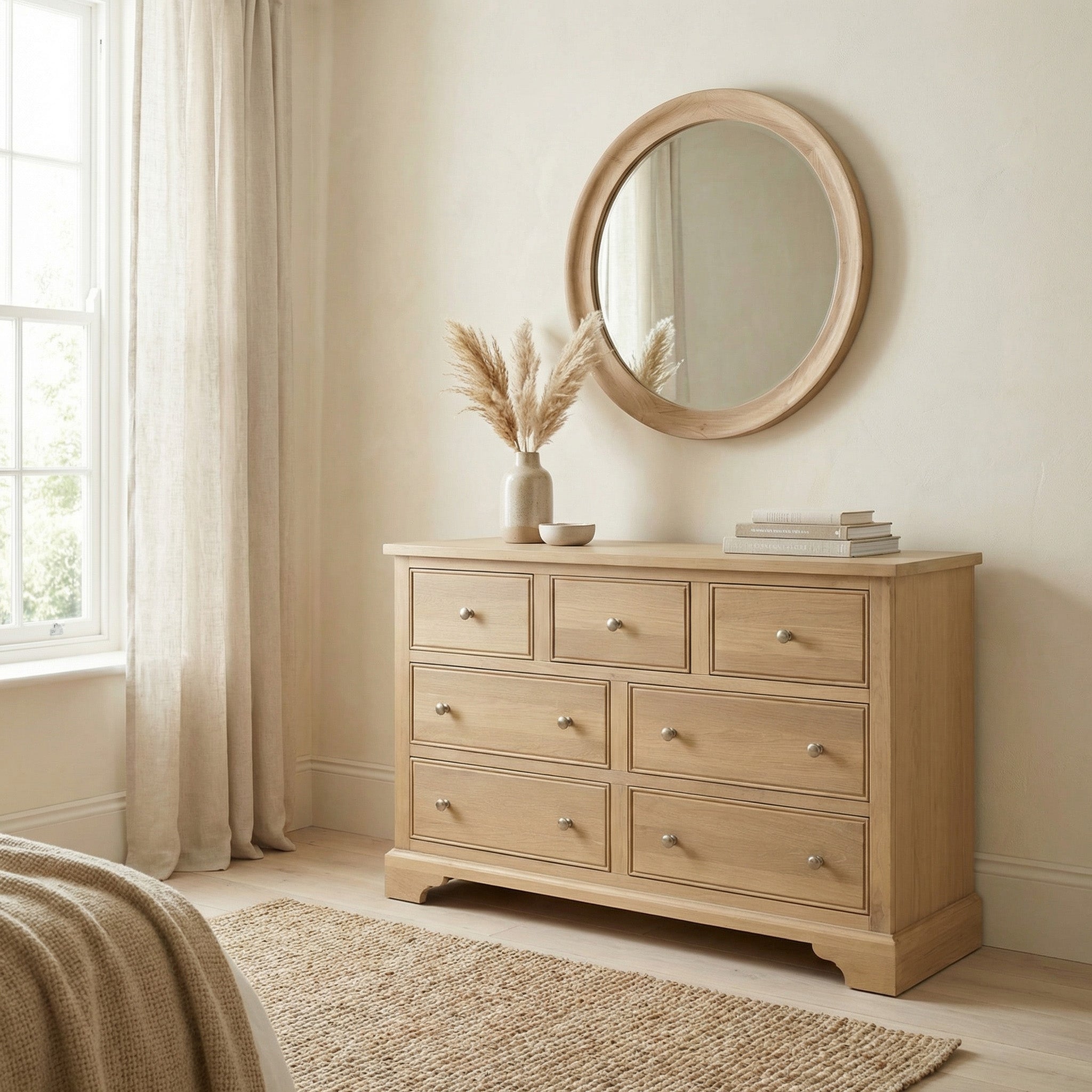 The Amberley 3 Over 4 Chest of Drawers in Light Oak, topped with a round mirror, vase of dried grasses, and books, brings stylish storage to this bright, neutral bedroom.