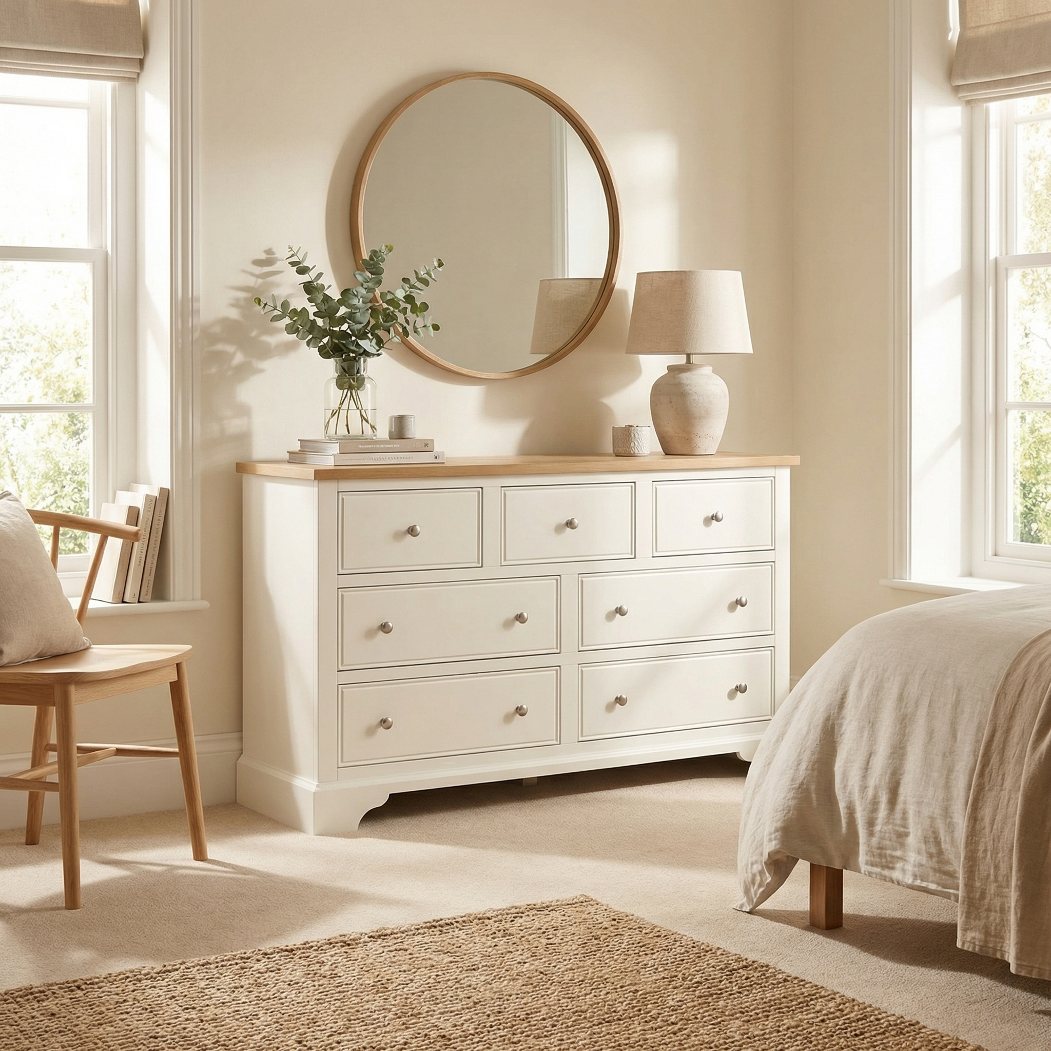 Bright bedroom with the Amberley 3 Over 4 Chest of Drawers in Warm White, oak top, round mirror, lamp, vase with greenery, and neutral decor.