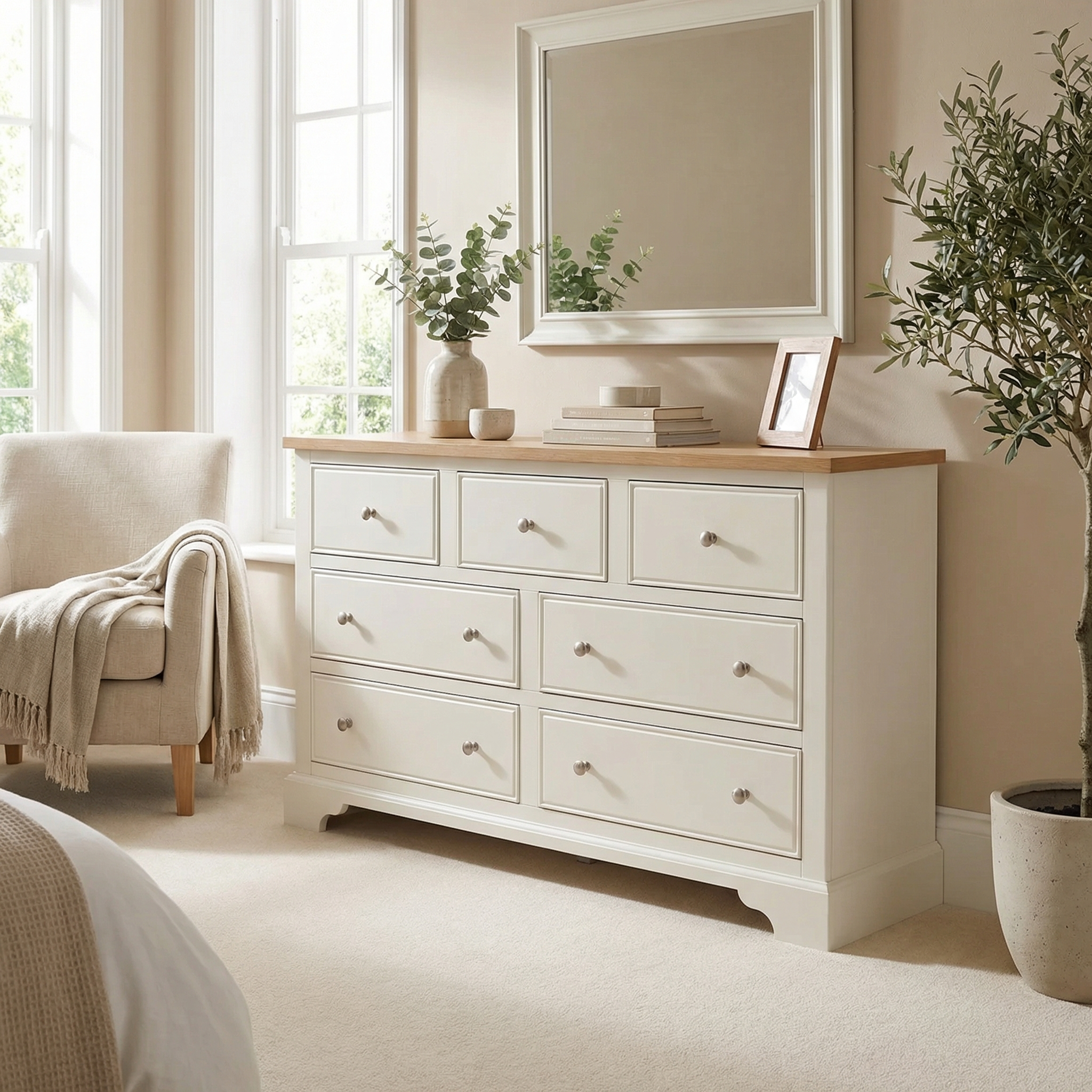 A cream dresser with mirror, vase, and framed photo sits beside a cozy chair and potted plant in a bright room, featuring the Amberley 3 Over 4 Chest of Drawers in Warm White with an elegant oak top.