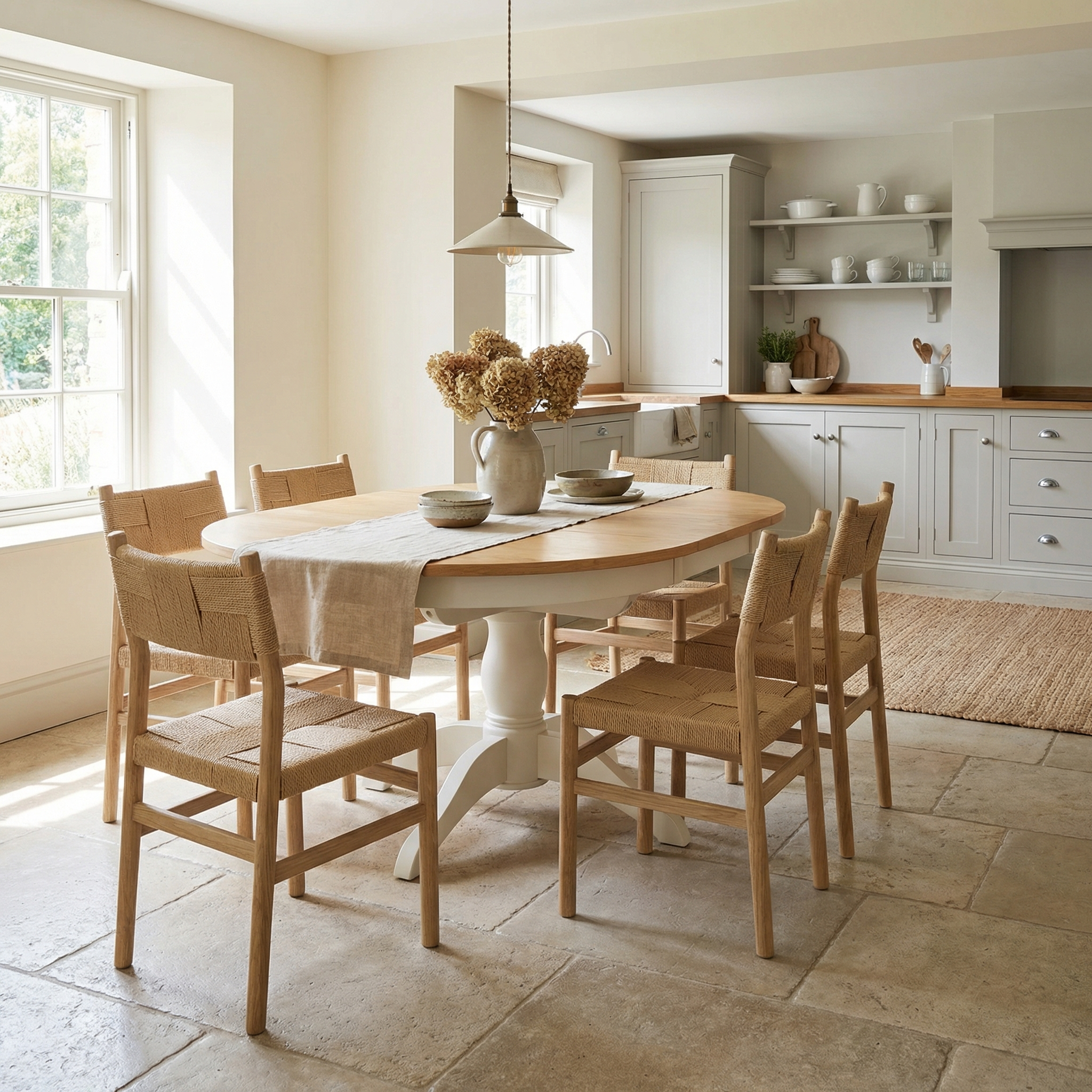 Bright kitchen featuring the Amberley 4-6 Seater Round Extending Dining Table in Warm White, wooden chairs, dried flowers, and neutral-toned cabinets.