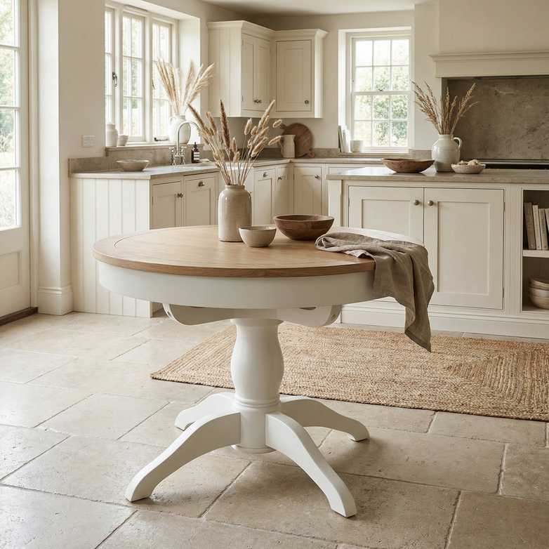 The Amberley 4-6 Seater Round Extending Dining Table in Warm White is styled with pottery and a vase, set in a bright kitchen featuring light cabinets and neutral tones.