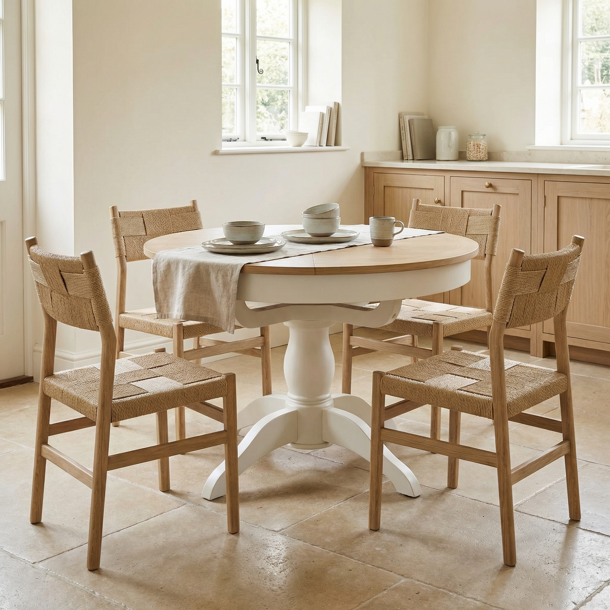 The Amberley 4-6 Seater Round Extending Dining Table in Warm White is paired with four woven chairs and set with dishes in a bright, neutral-toned kitchen.