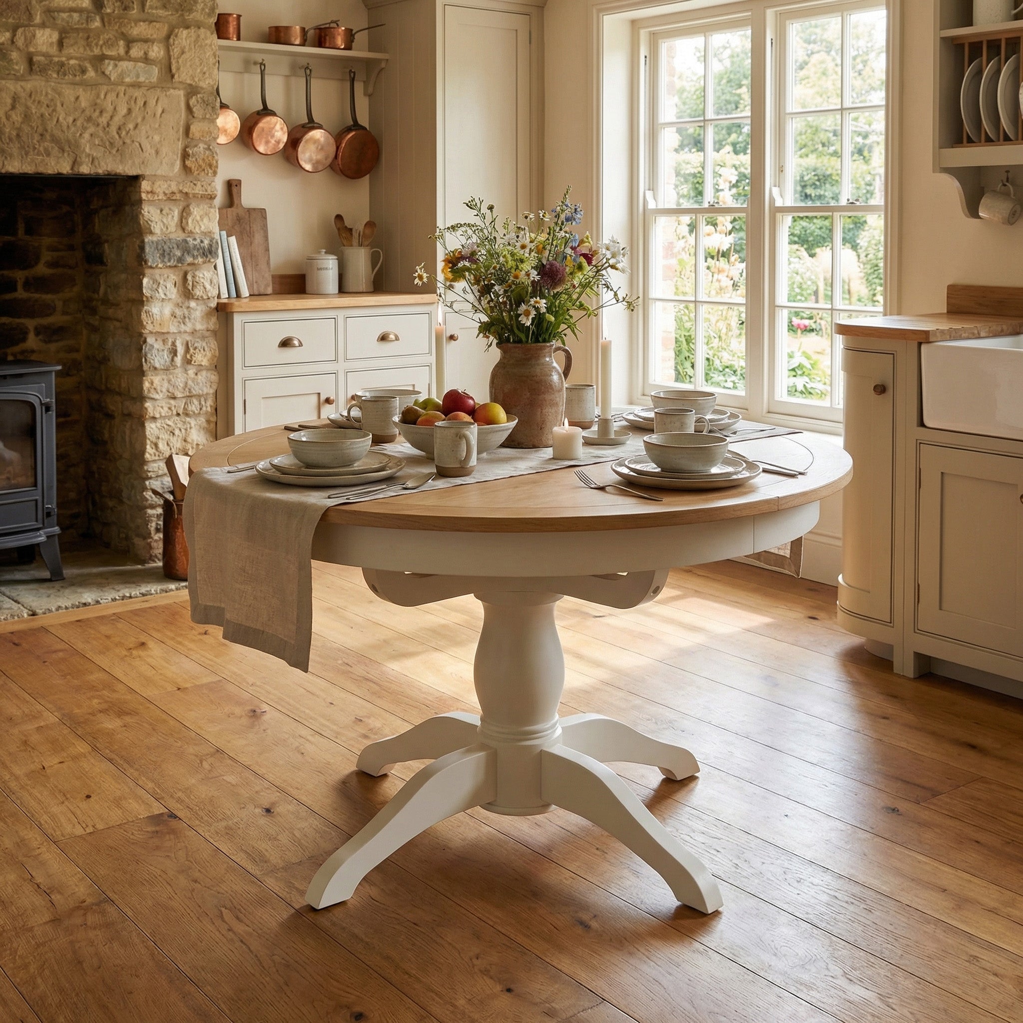 The Amberley 4-6 Seater Round Extending Dining Table in Warm White is set for breakfast in a cozy, sunlit country kitchen with rustic decor and fresh flowers.