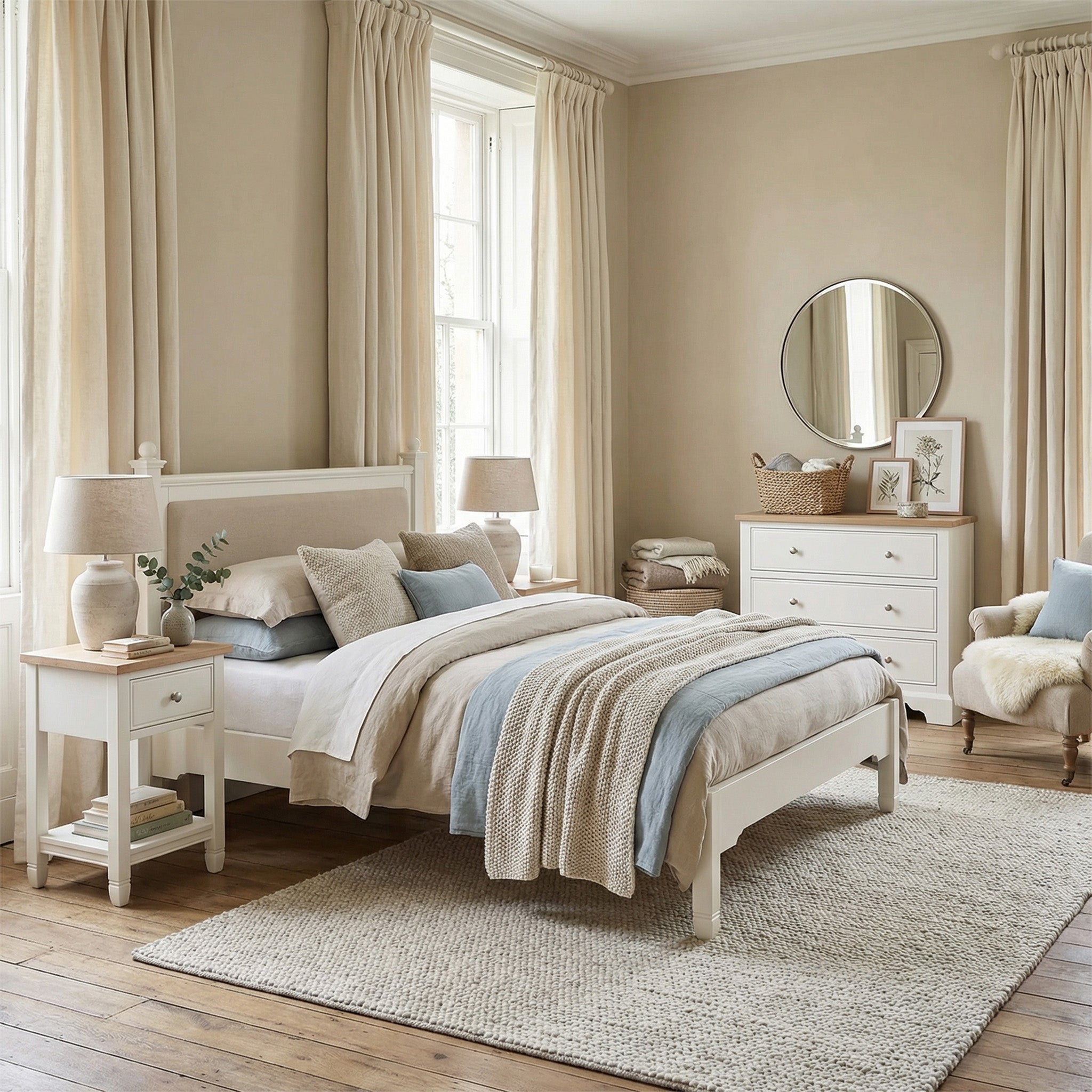Cozy, neutral-toned bedroom featuring the Amberley 4ft 6" Double Bed Frame in Warm White with an upholstered headboard, plus nightstands, dresser, armchair, and large windows with curtains.