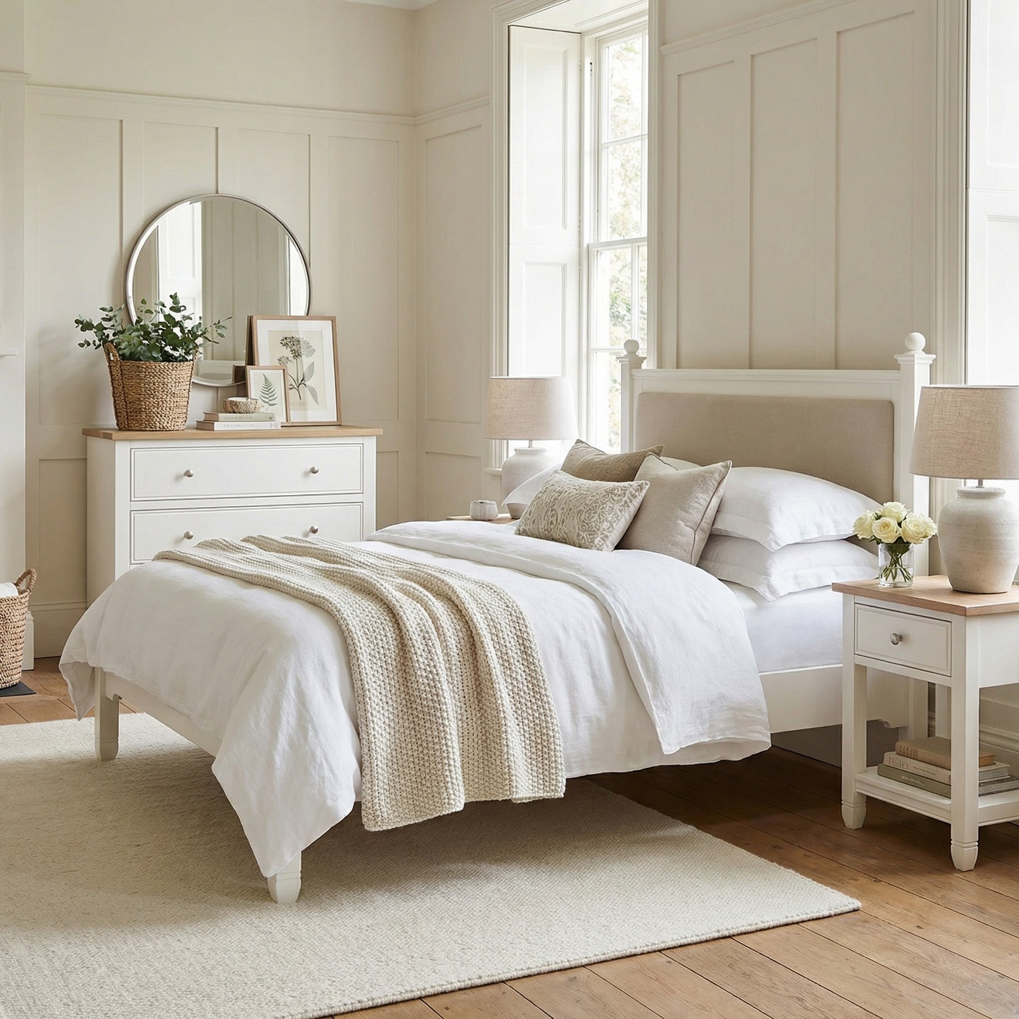 Bright bedroom featuring the Amberley 4ft 6" Double Bed Frame in Warm White with an upholstered headboard, neutral bedding, a dresser, and natural light streaming in from tall windows.