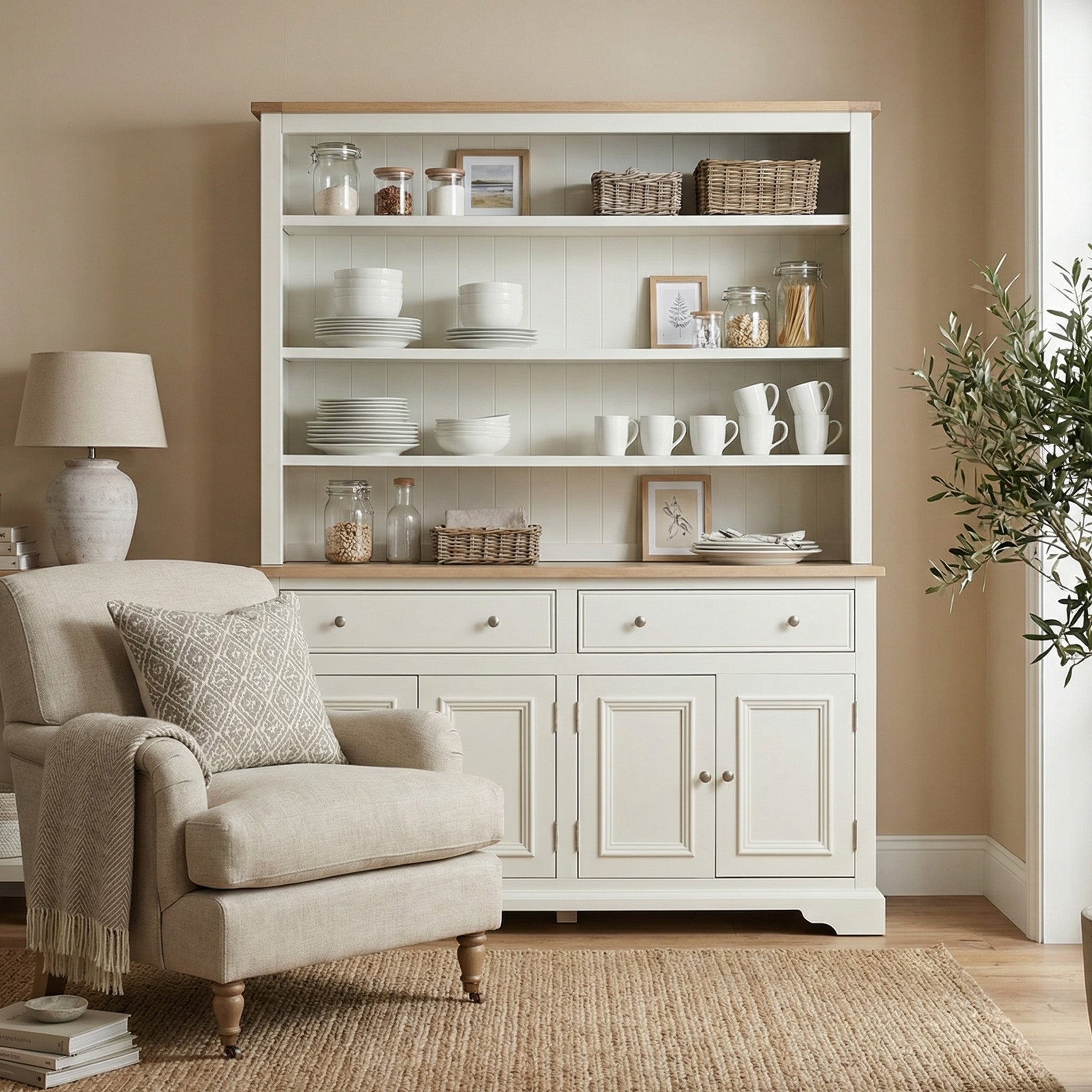 A cream-colored armchair and the Amberley 5ft Grand Open Dresser in Warm White, styled with dishes and decor, highlight English craftsmanship in a cozy neutral living room.
