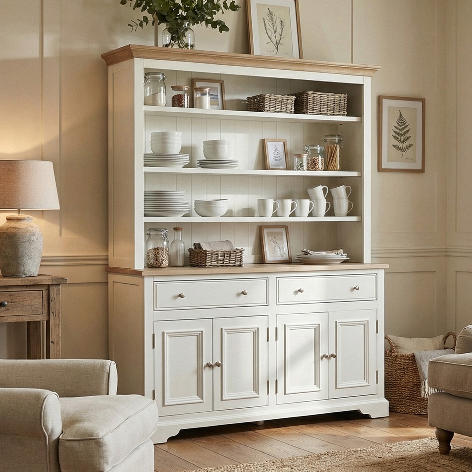 The Amberley 5ft Grand Open Dresser in Warm White showcases classic English craftsmanship, displaying dishware and baskets in a cozy living space while providing generous internal storage.