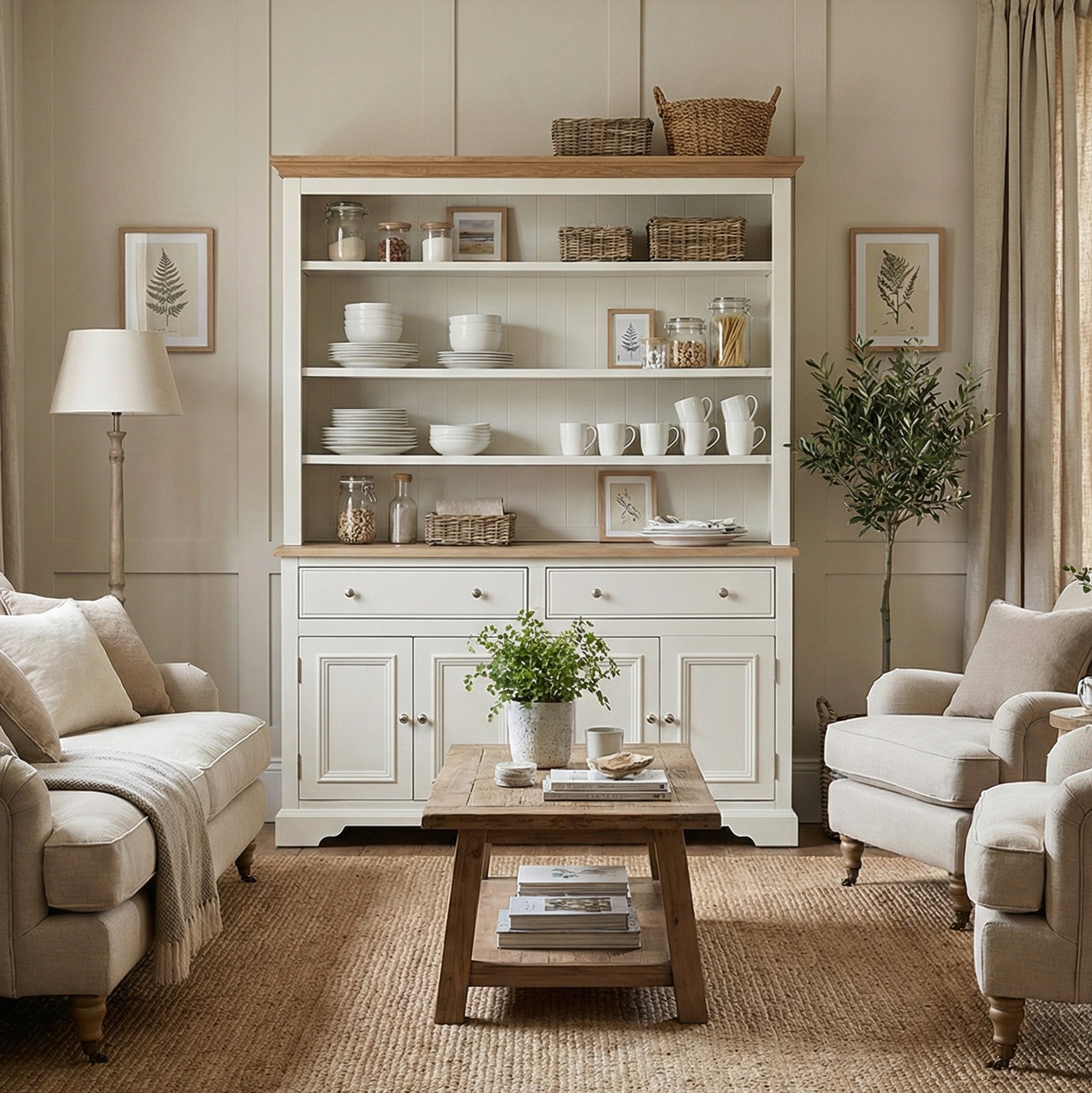 Cozy living room with neutral-toned furniture, a wooden coffee table, and the Amberley 5ft Grand Open Dresser in Warm White that showcases fine English craftsmanship.