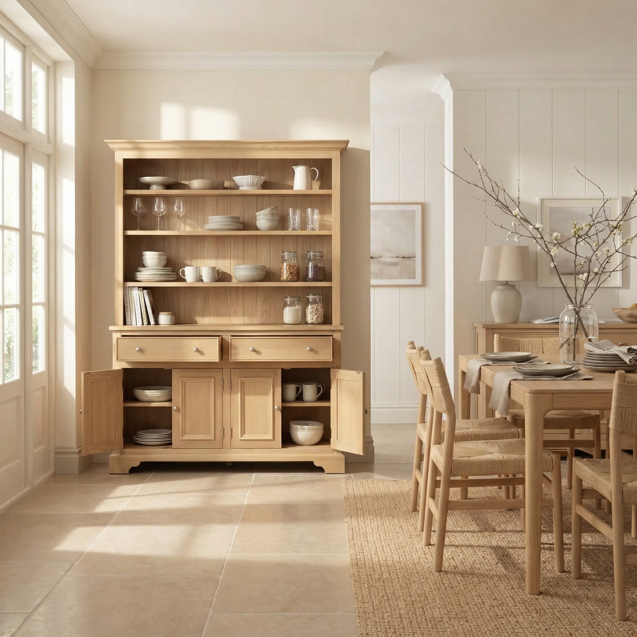 Bright dining room with light wood furniture, an Amberley 5ft Grand Open Dresser in Light Oak, a hutch displaying dishes, and a dining table with chairs.