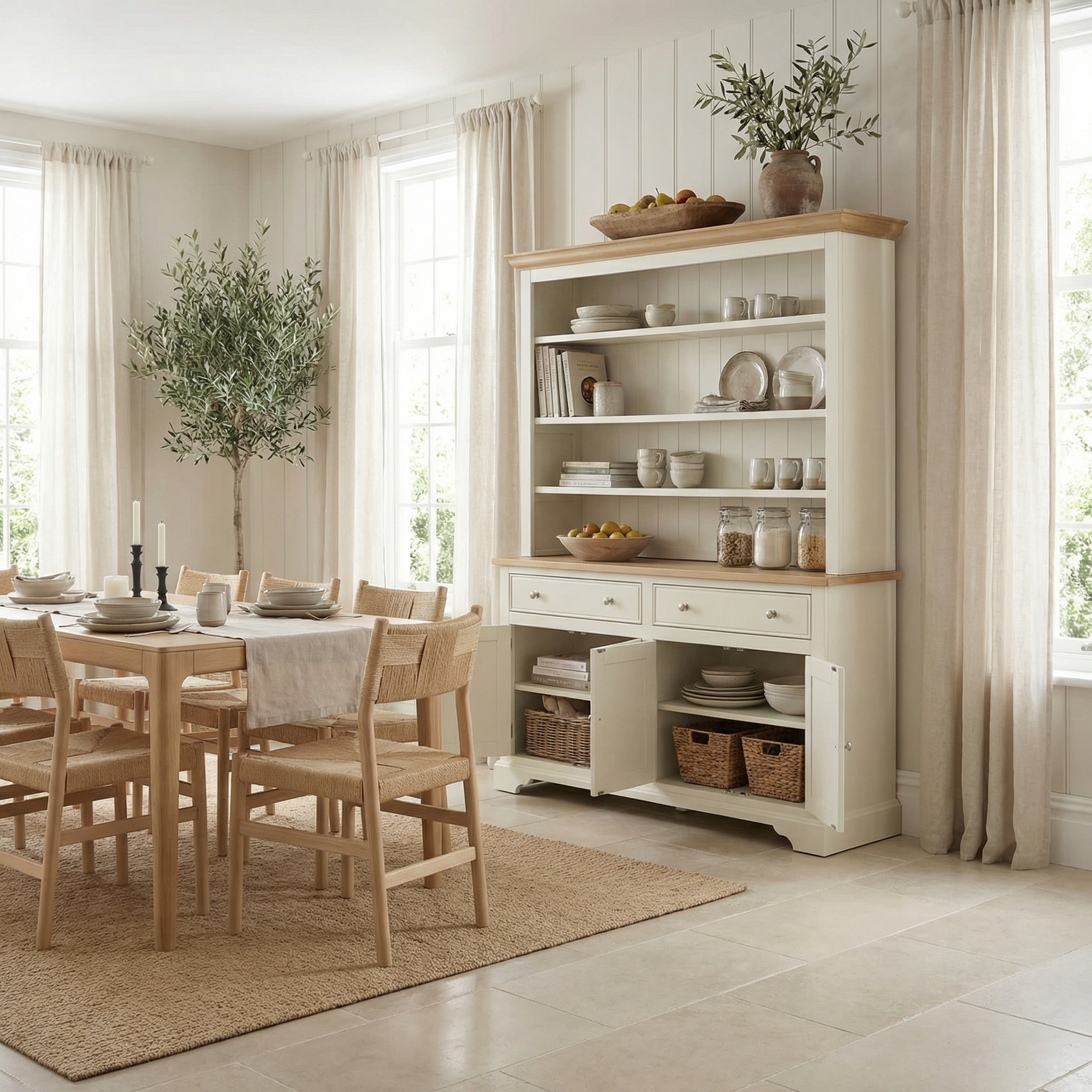 Bright dining room with a wooden table, chairs, and large windows with beige curtains—featuring the Amberley 5ft Grand Open Dresser in Warm White that showcases classic English craftsmanship.
