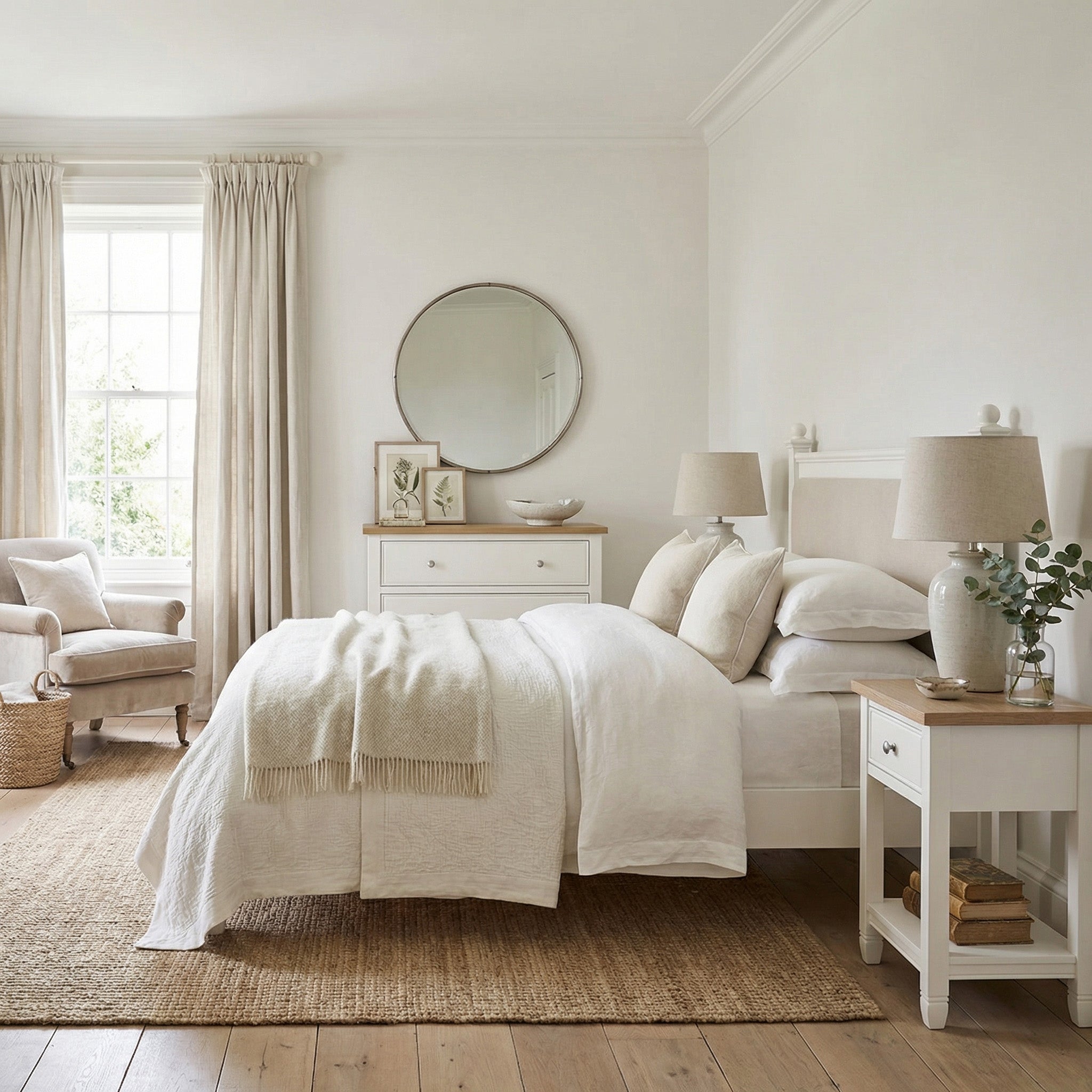 Bright, cozy bedroom featuring the Amberley 5ft Kingsize Bed Frame in Warm White, complemented by light decor, a round mirror, and natural accents.