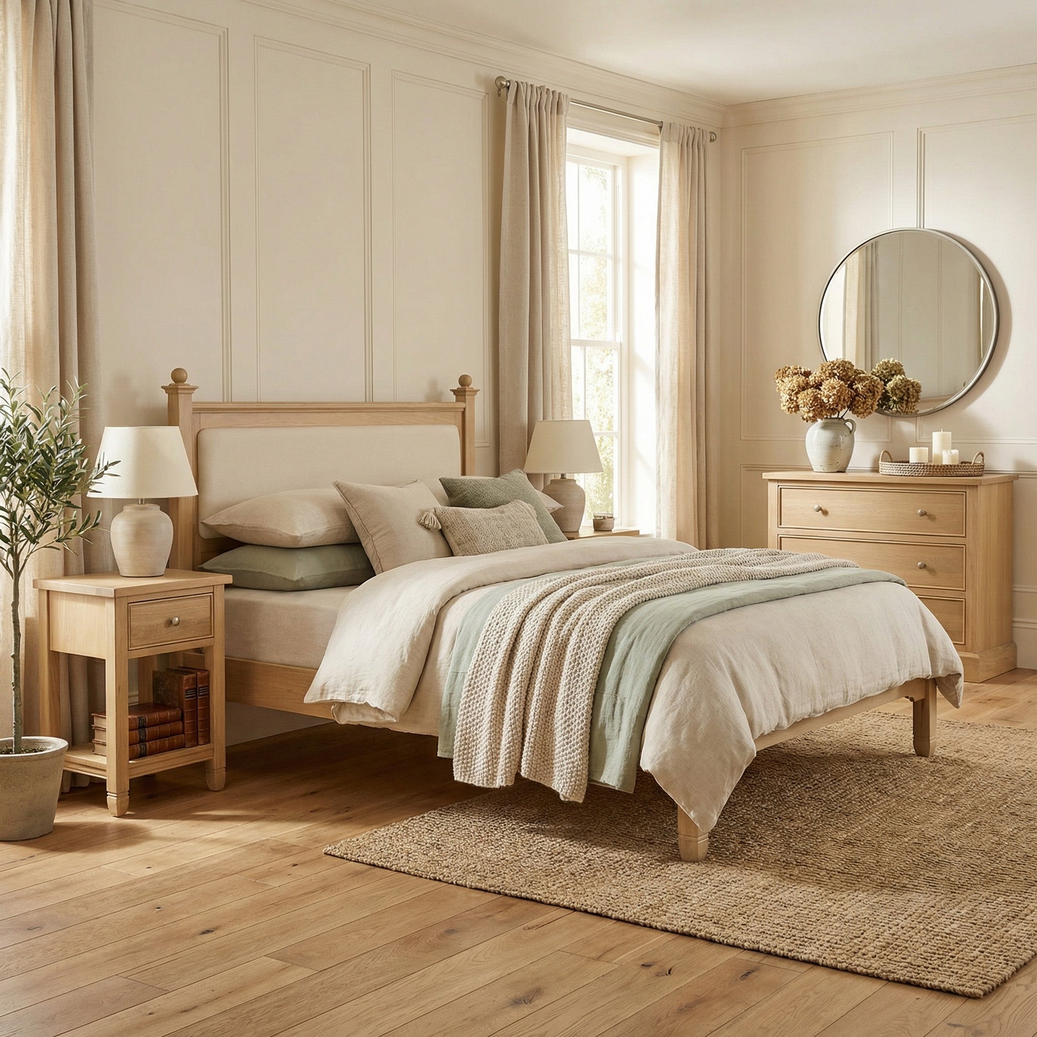 Bright, cozy bedroom with light wood furniture, a round mirror, and neutral bedding in a sunlit room featuring the stylish Amberley 5ft Kingsize Bed Frame in Light Oak.