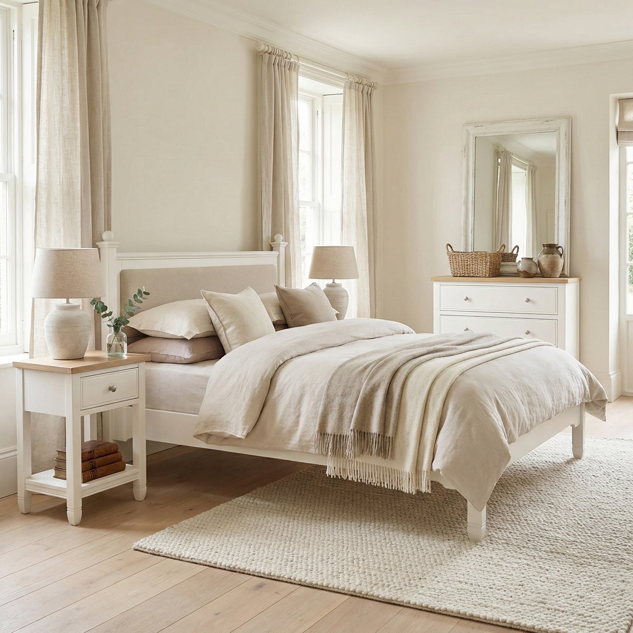 A bright, neutral-toned bedroom featuring the Amberley 5ft Kingsize Bed Frame in Warm White, neatly made and paired with a bedside table, dresser, and large window.