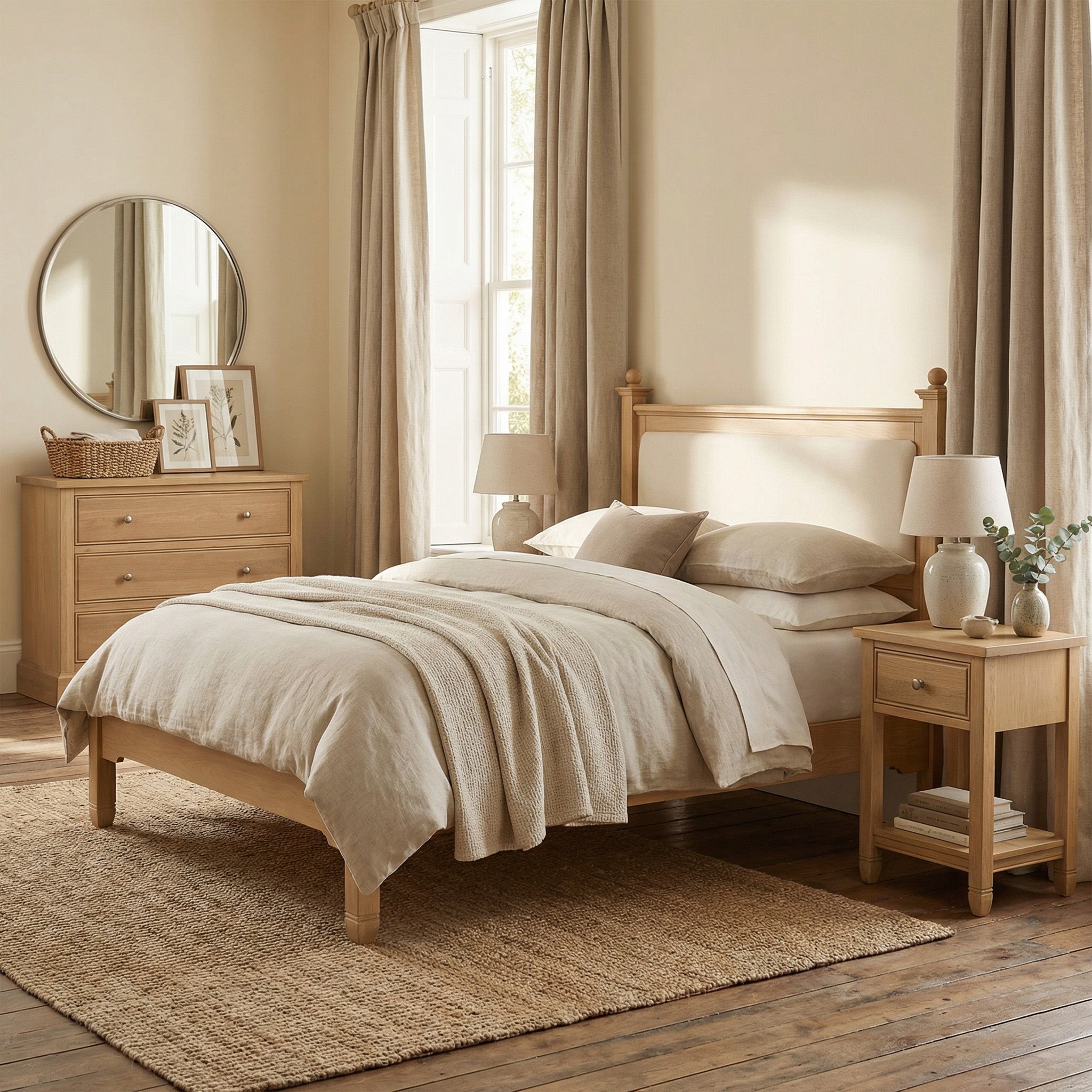 Cozy beige bedroom with wooden furniture, featuring the Amberley 5ft Kingsize Bed Frame in Light Oak, a matching nightstand, dresser, lamps, and a round mirror.