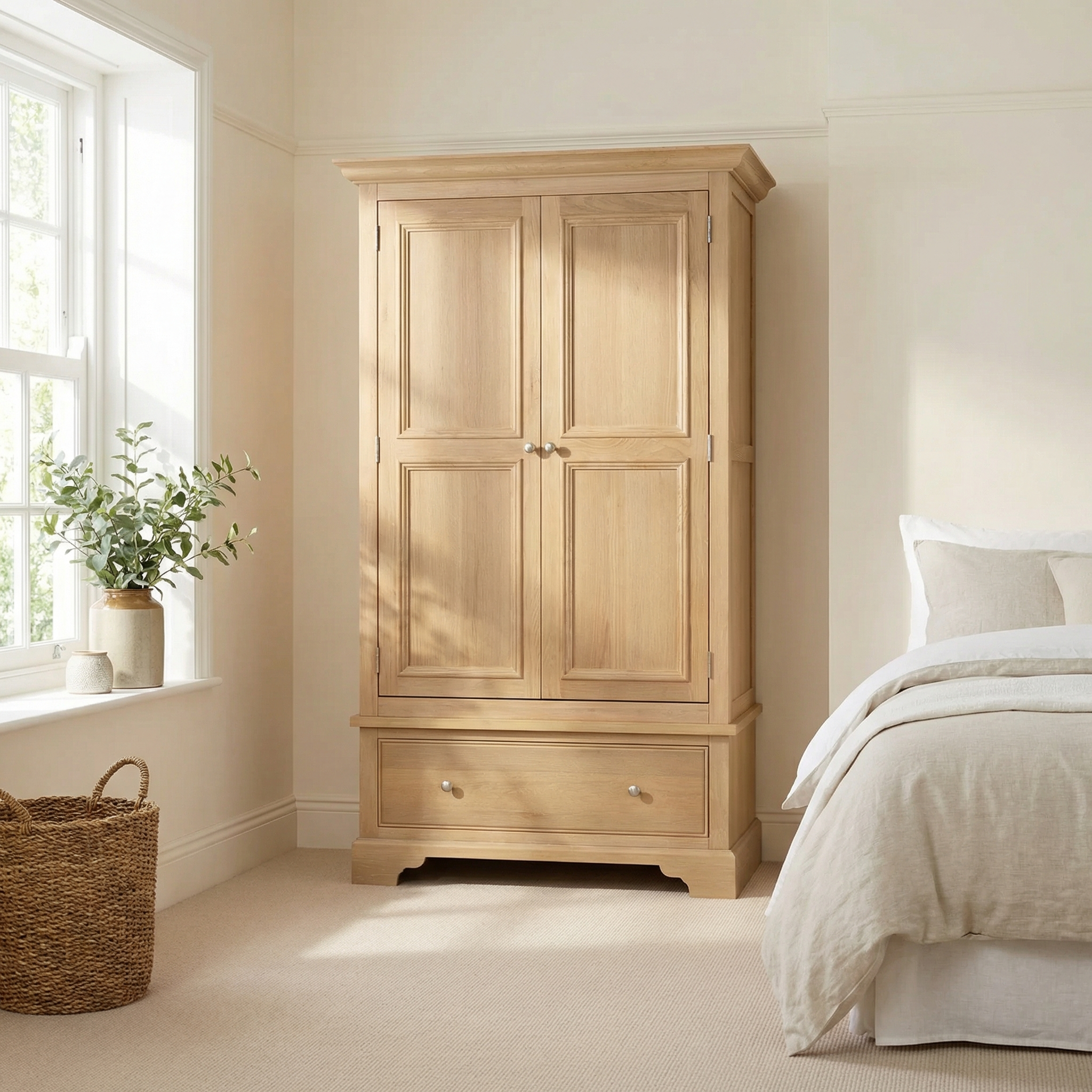 The Amberley Double Wardrobe in Light Oak sits beside a bed, woven basket, and potted plant, bringing charm to this bright minimalist bedroom—ideal for fans of solid oak bedroom furniture.