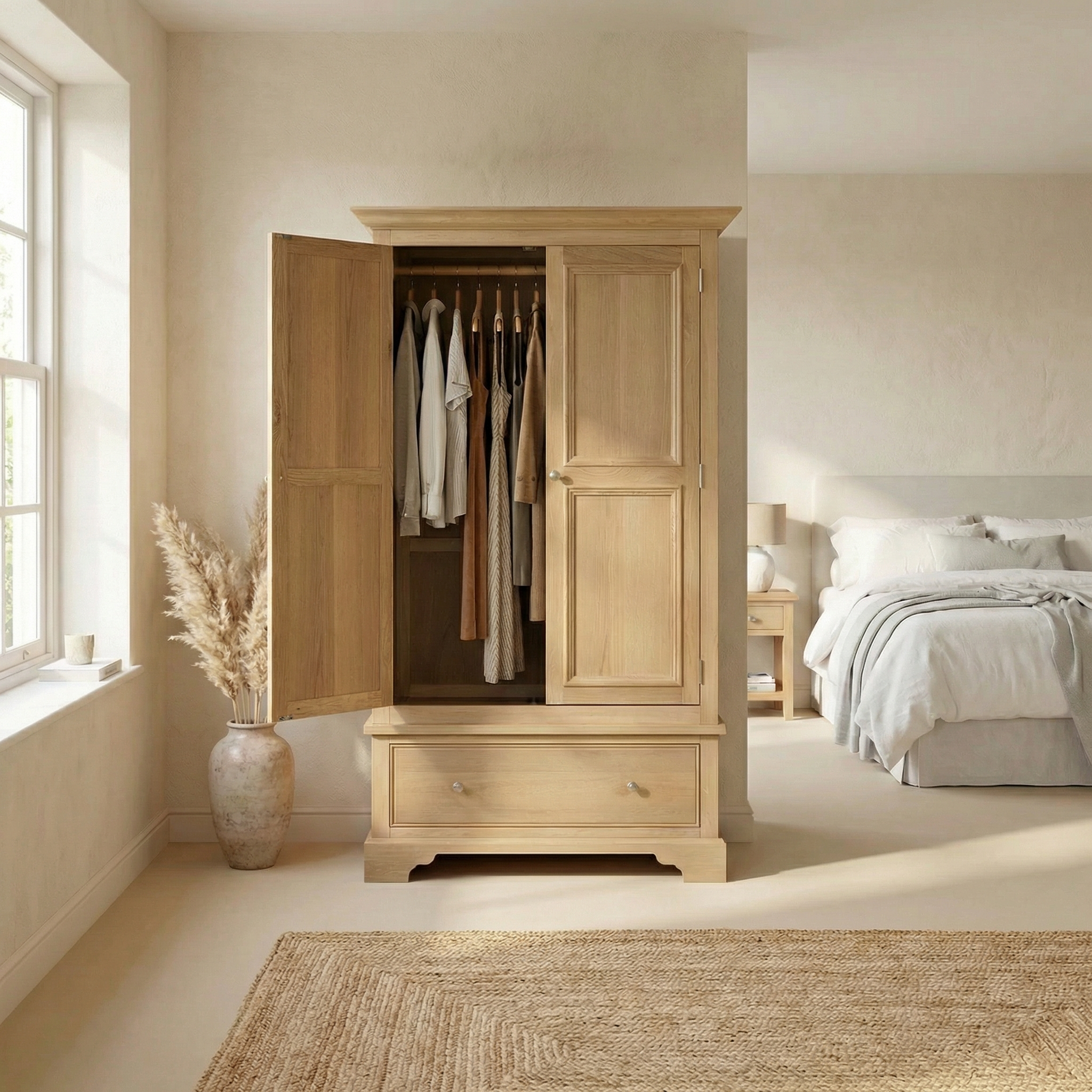 The Amberley Double Wardrobe in Light Oak stands open in a bedroom with a bed and pampas grass, perfectly complementing the solid oak bedroom furniture.