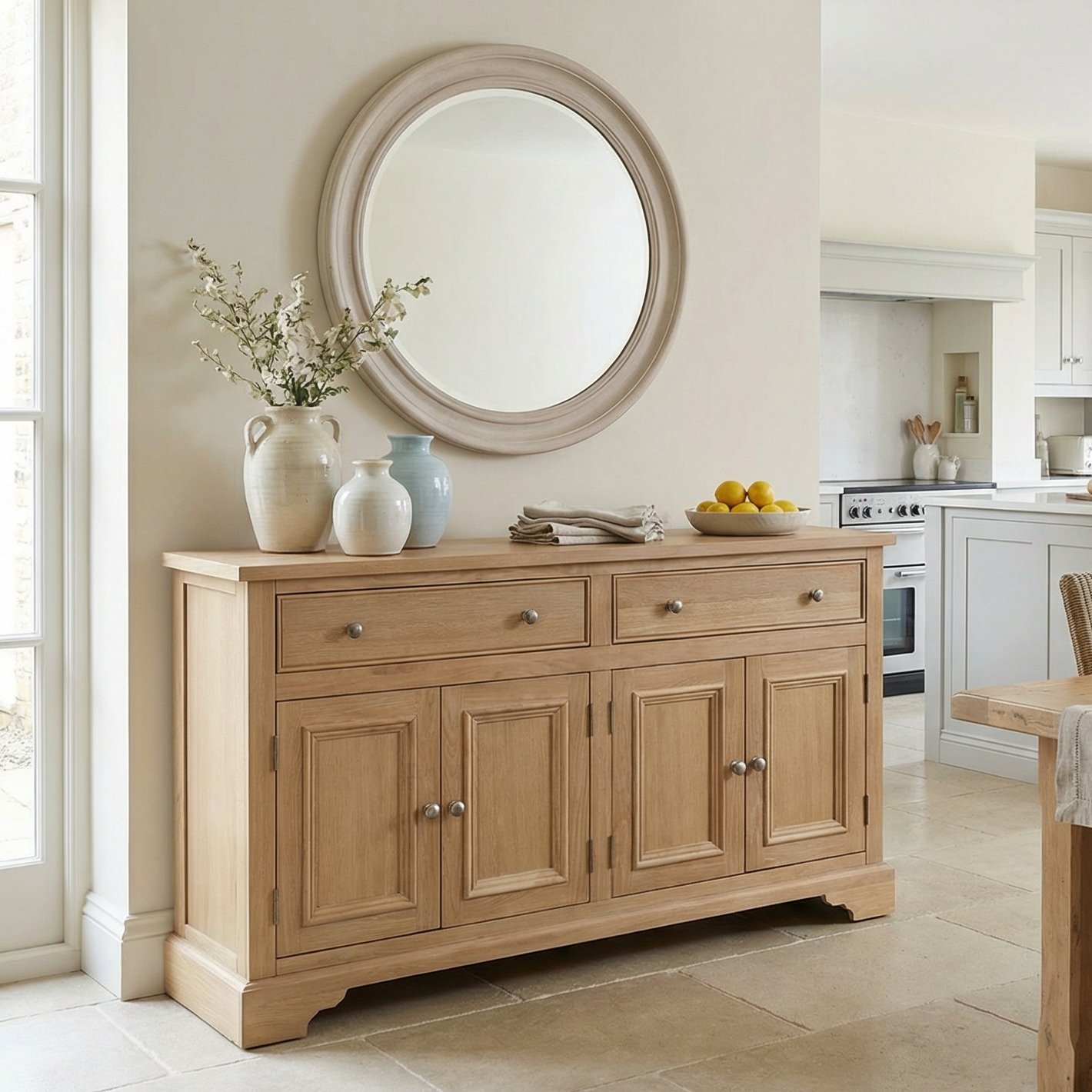 The Amberley Large 4 Door 2 Drawers Sideboard in Light Oak is styled with vases, a bowl of lemons, and a round mirror in a bright, modern kitchen.