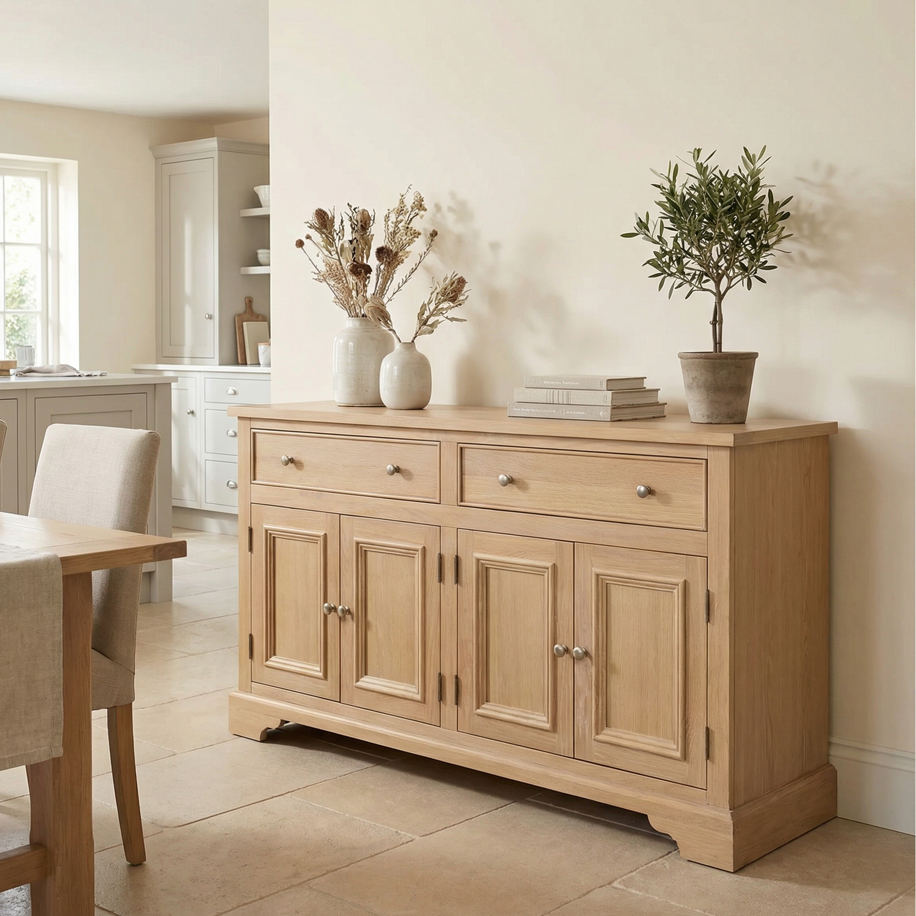 The Amberley Large 4 Door 2 Drawers Sideboard in Light Oak, styled with vases, books, and a potted plant, enhances a bright modern dining room.